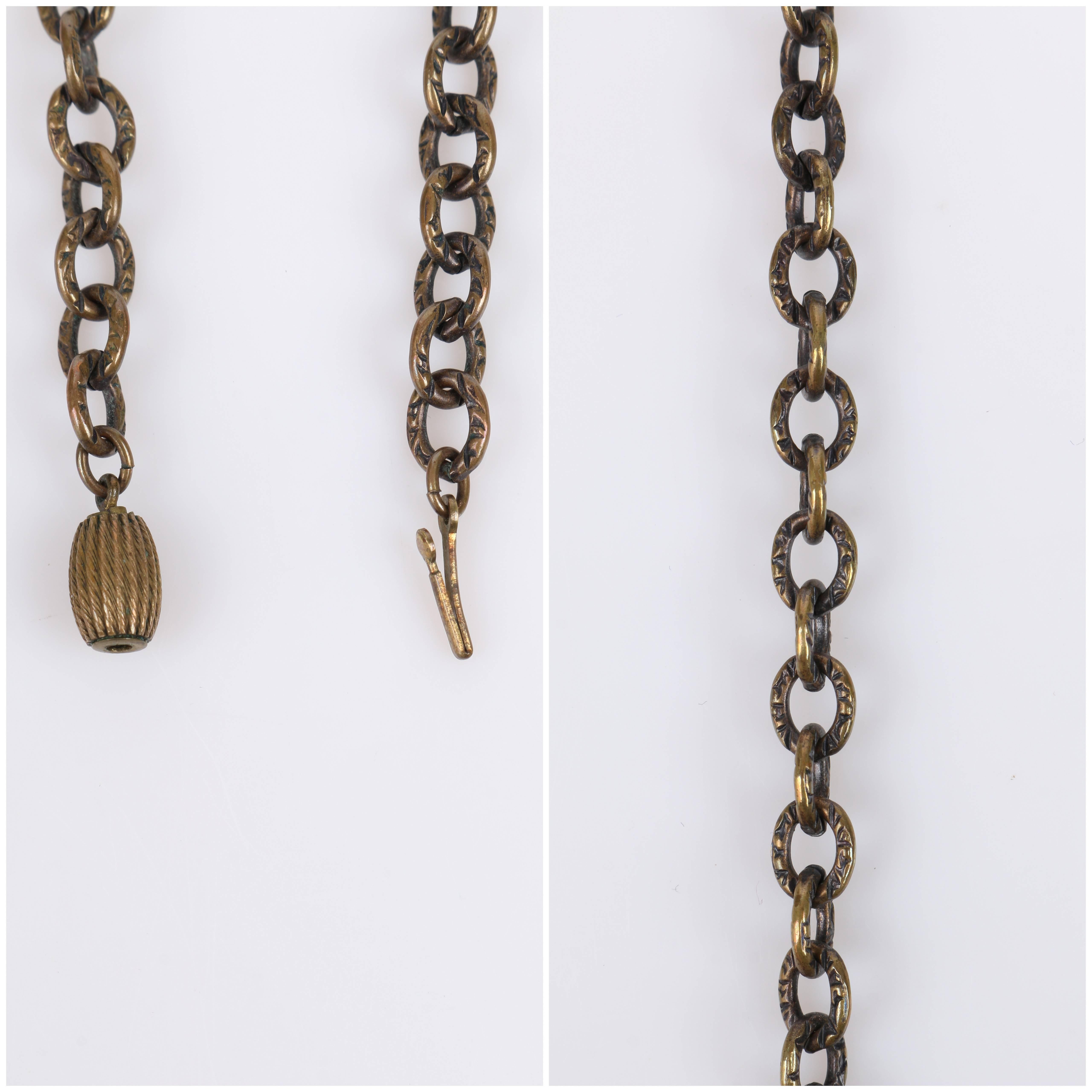 ART DECO c.1920's Bronze Black Onyx Large Pendant Bead Dangles Chain Necklace For Sale 4