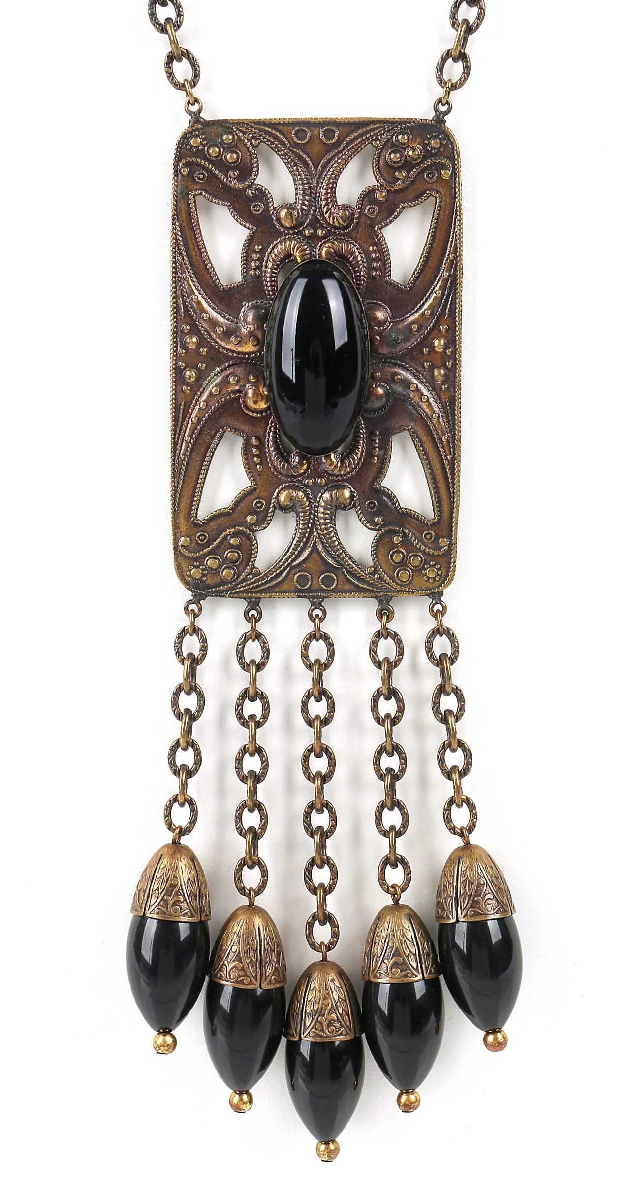 Art Deco ART DECO c.1920's Bronze Black Onyx Large Pendant Bead Dangles Chain Necklace For Sale