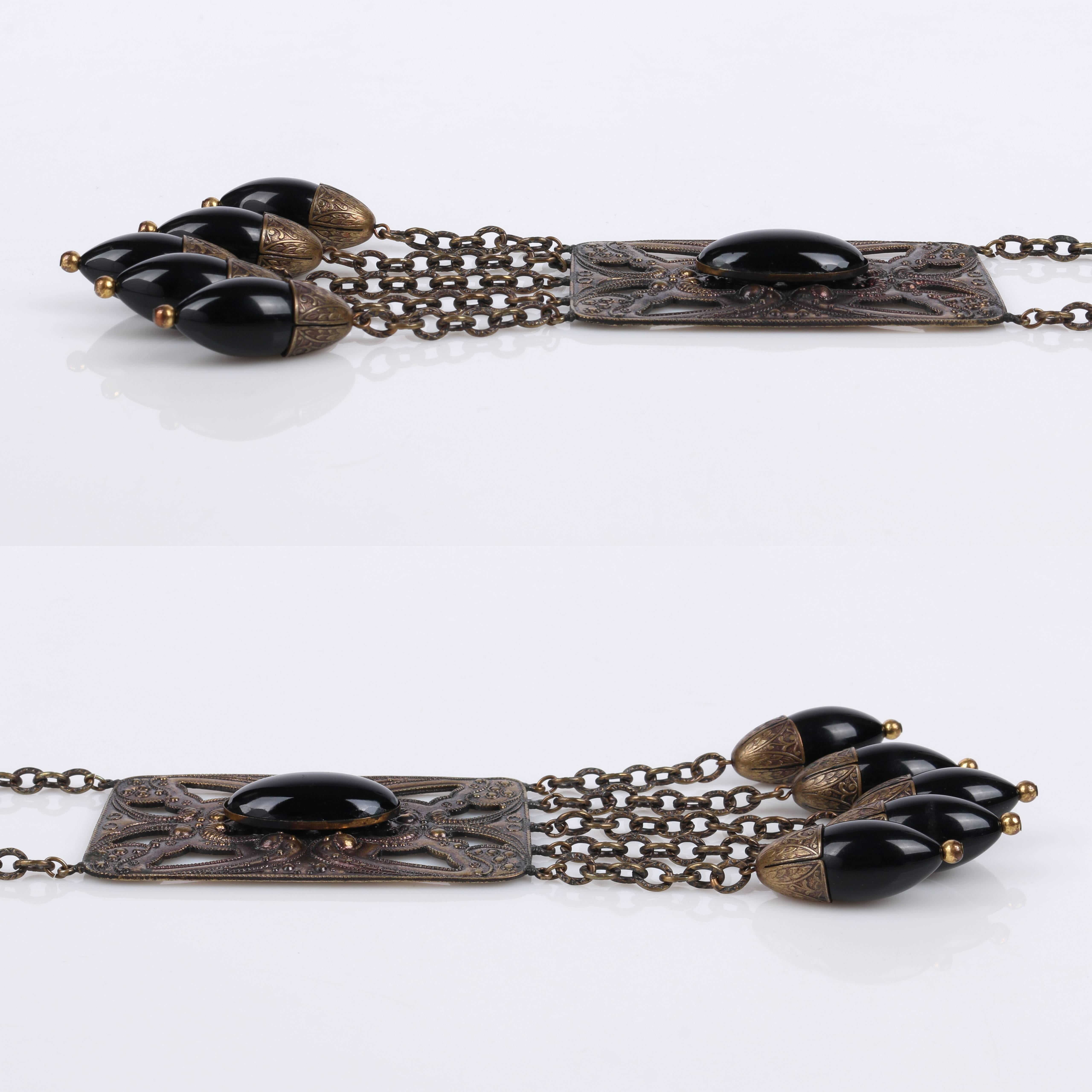 ART DECO c.1920's Bronze Black Onyx Large Pendant Bead Dangles Chain Necklace For Sale 1