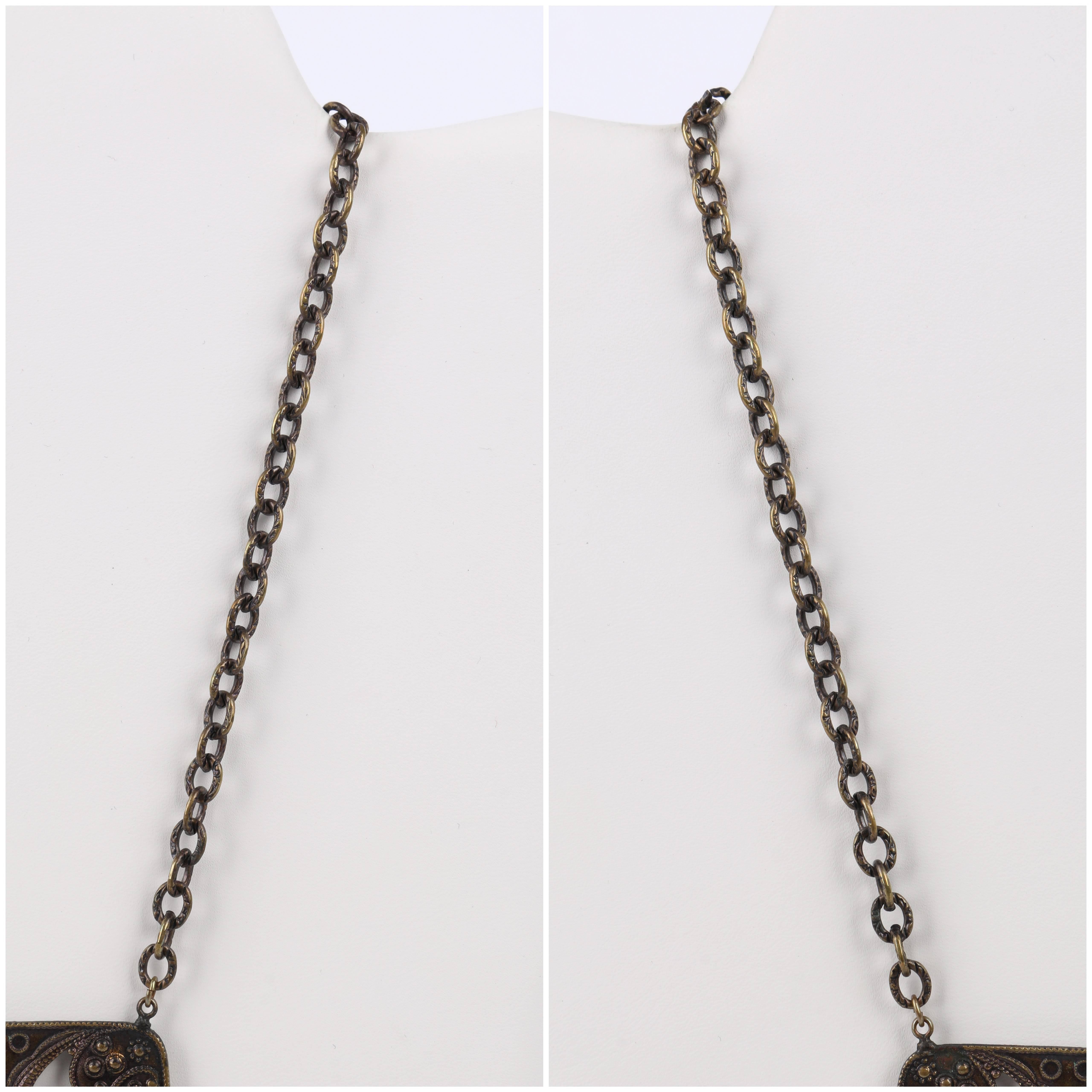 ART DECO c.1920's Bronze Black Onyx Large Pendant Bead Dangles Chain Necklace For Sale 3