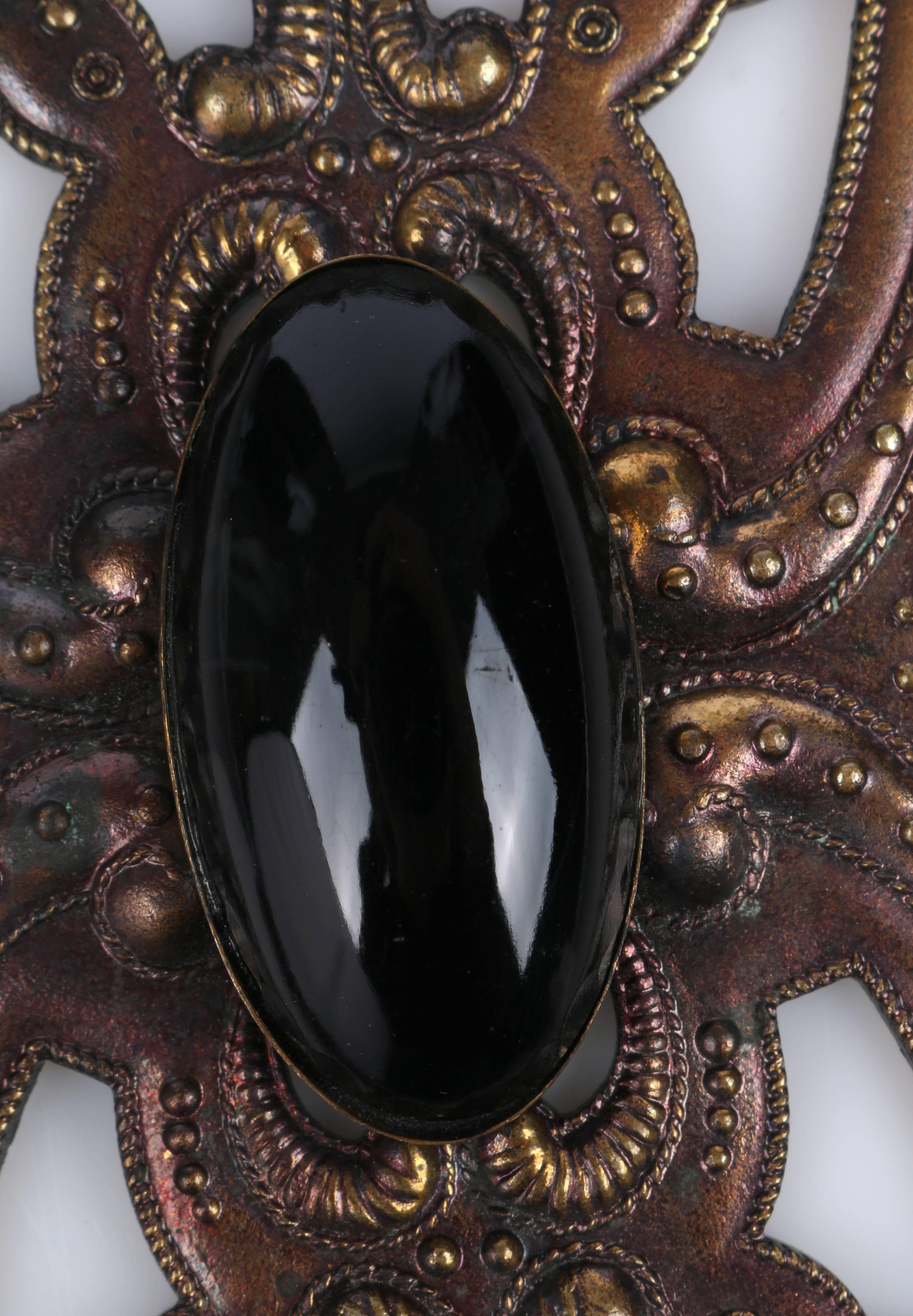 ART DECO c.1920's Bronze Black Onyx Large Pendant Bead Dangles Chain Necklace For Sale 5