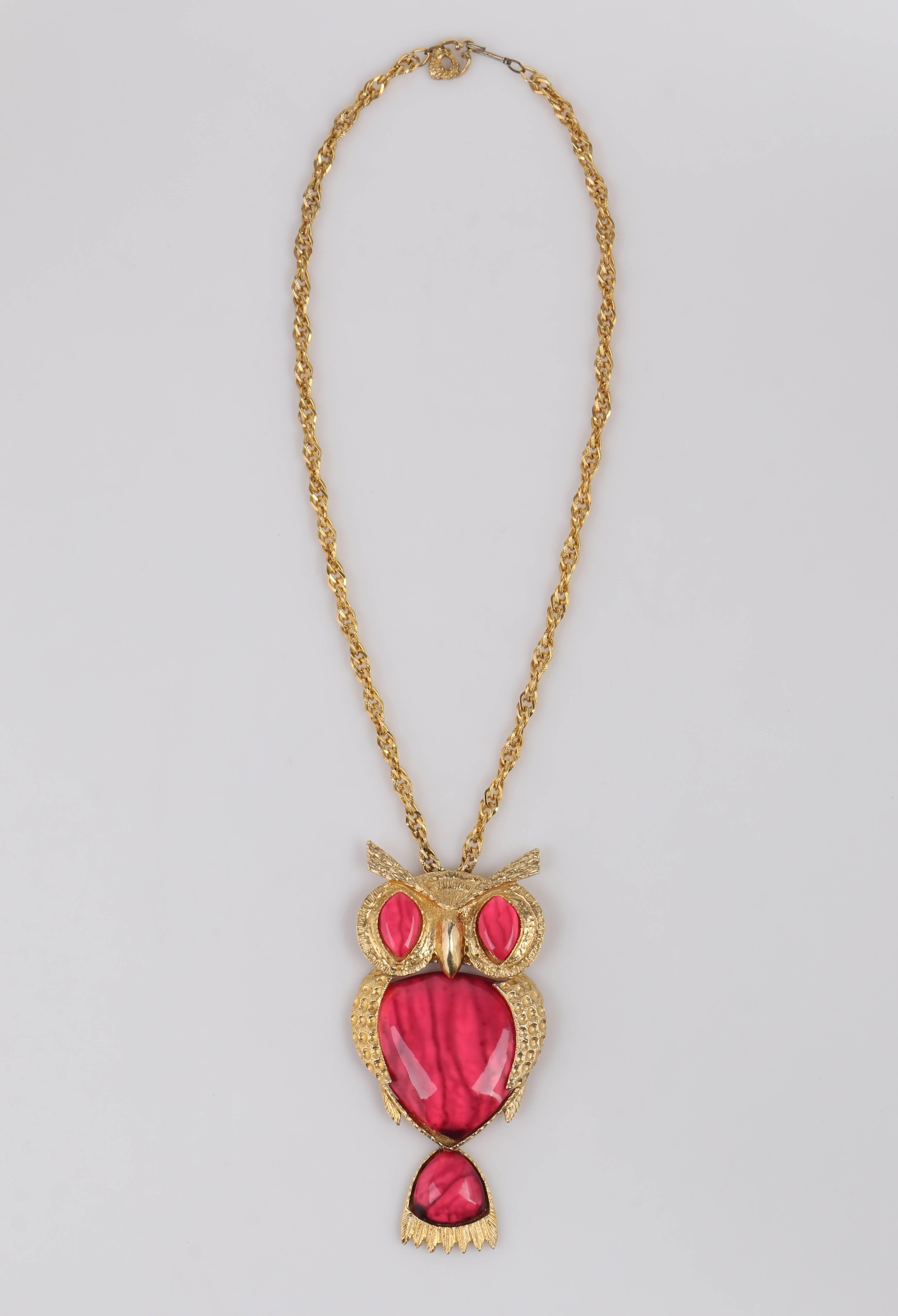 Women's JULIANA Delizza & Elster c.1970's Large Gold Pink Cabochon Owl Pendant Necklace
