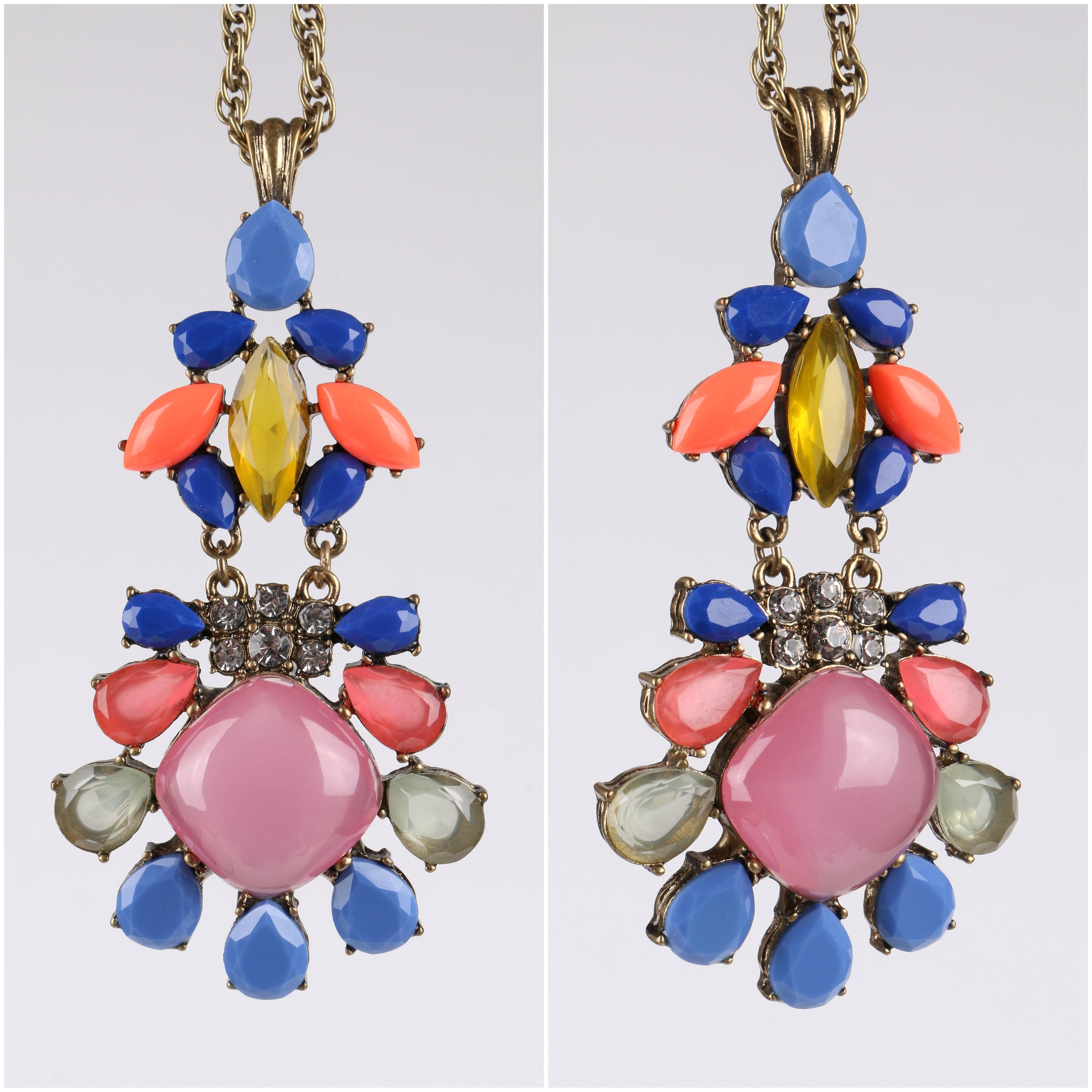 OSCAR DE LA RENTA Multicolor Enamal Stone Multistrand Pendant Statement Necklace In New Condition In Thiensville, WI