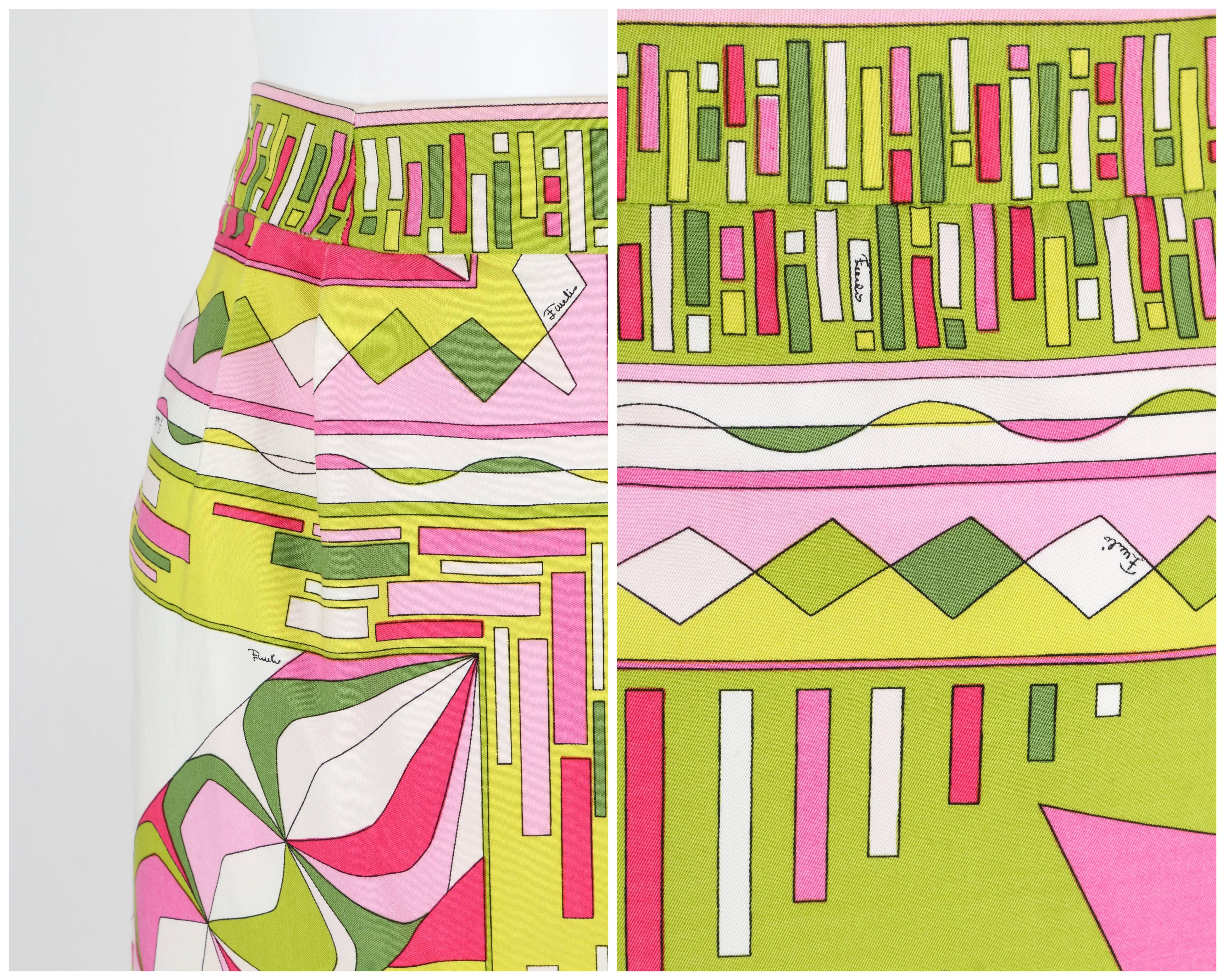 EMILIO PUCCI c.1960's Green Pink Geometric Signature Print Cotton Mini Skirt In Good Condition In Thiensville, WI