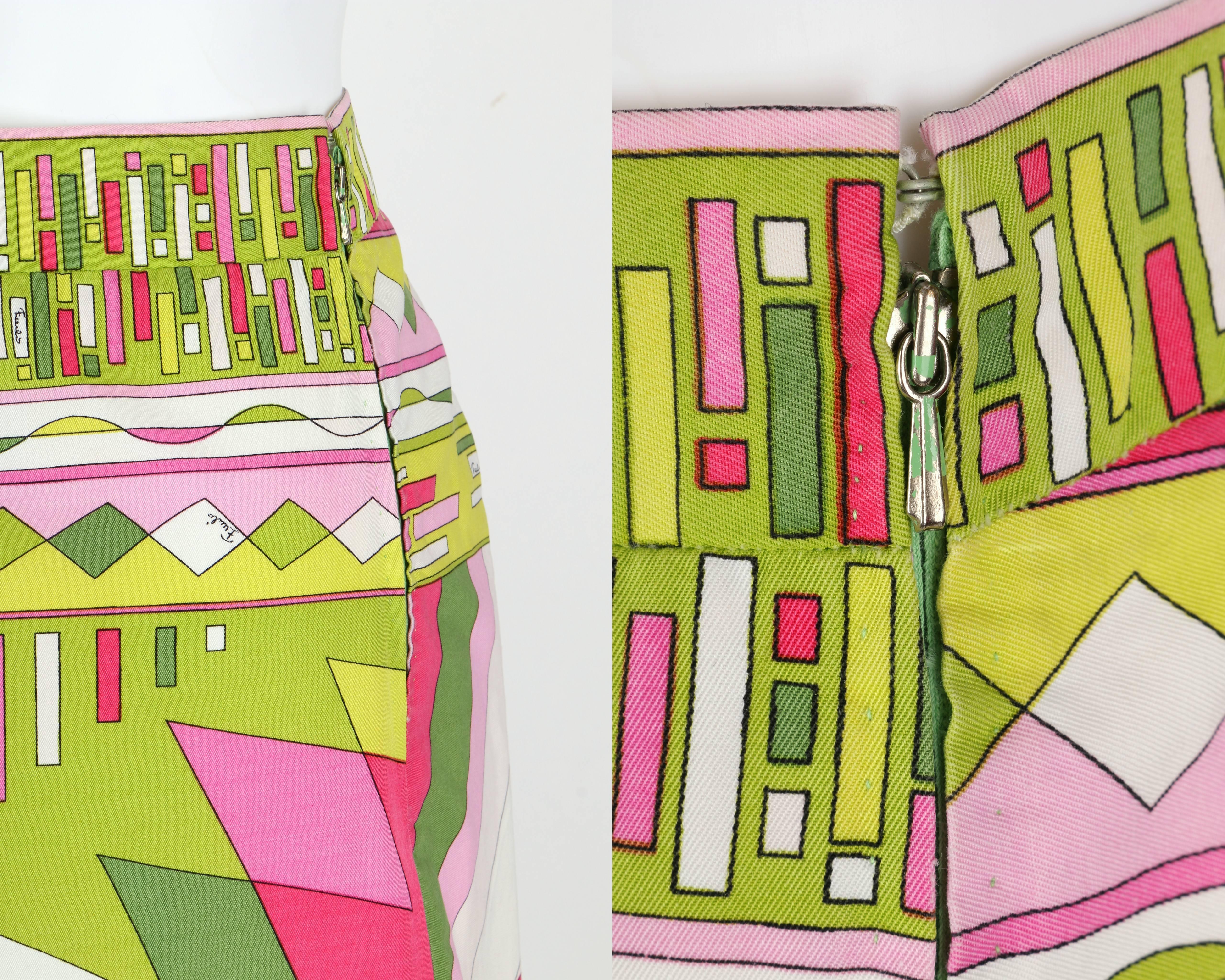 EMILIO PUCCI c.1960's Green Pink Geometric Signature Print Cotton Mini Skirt 1