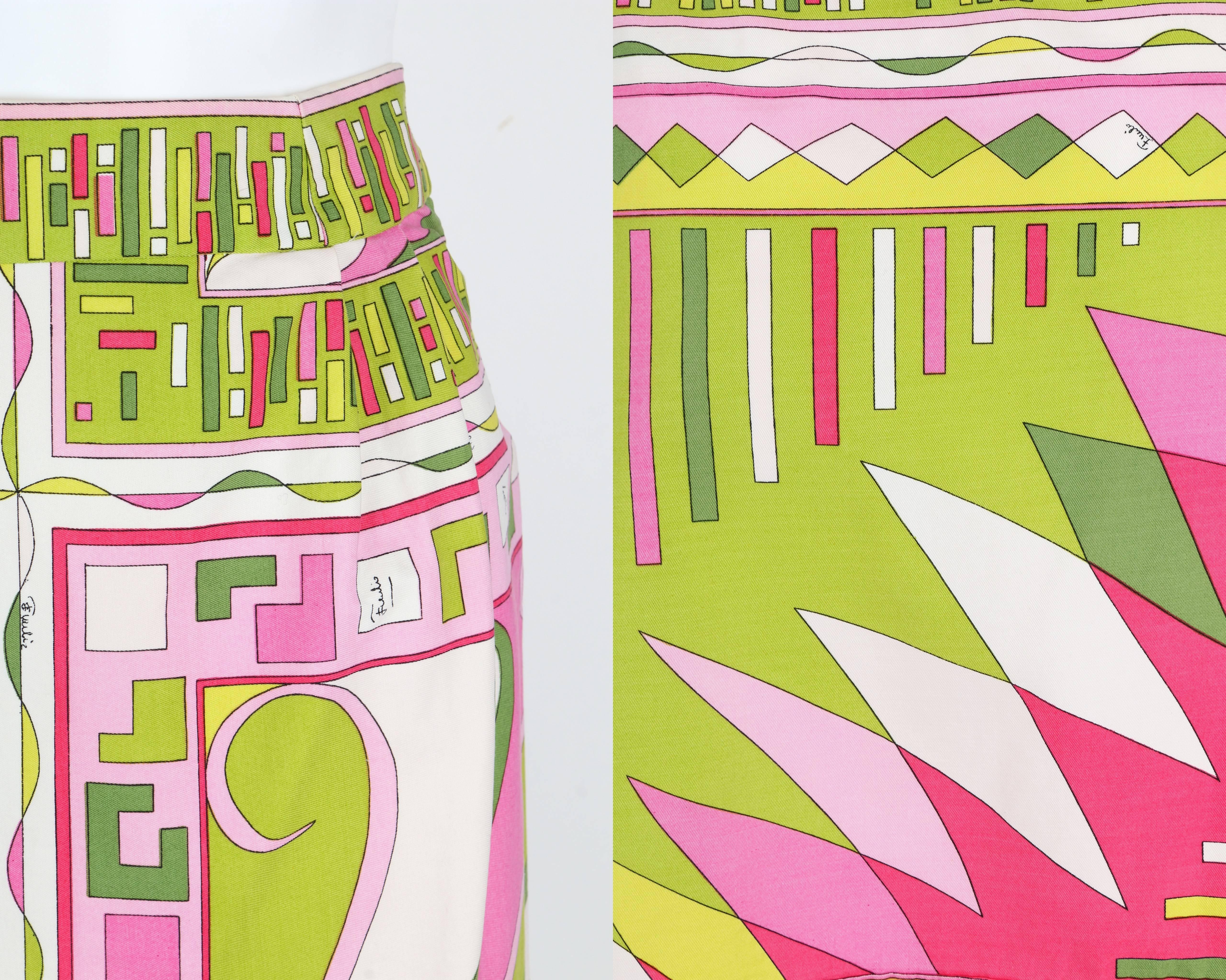 Women's EMILIO PUCCI c.1960's Green Pink Geometric Signature Print Cotton Mini Skirt