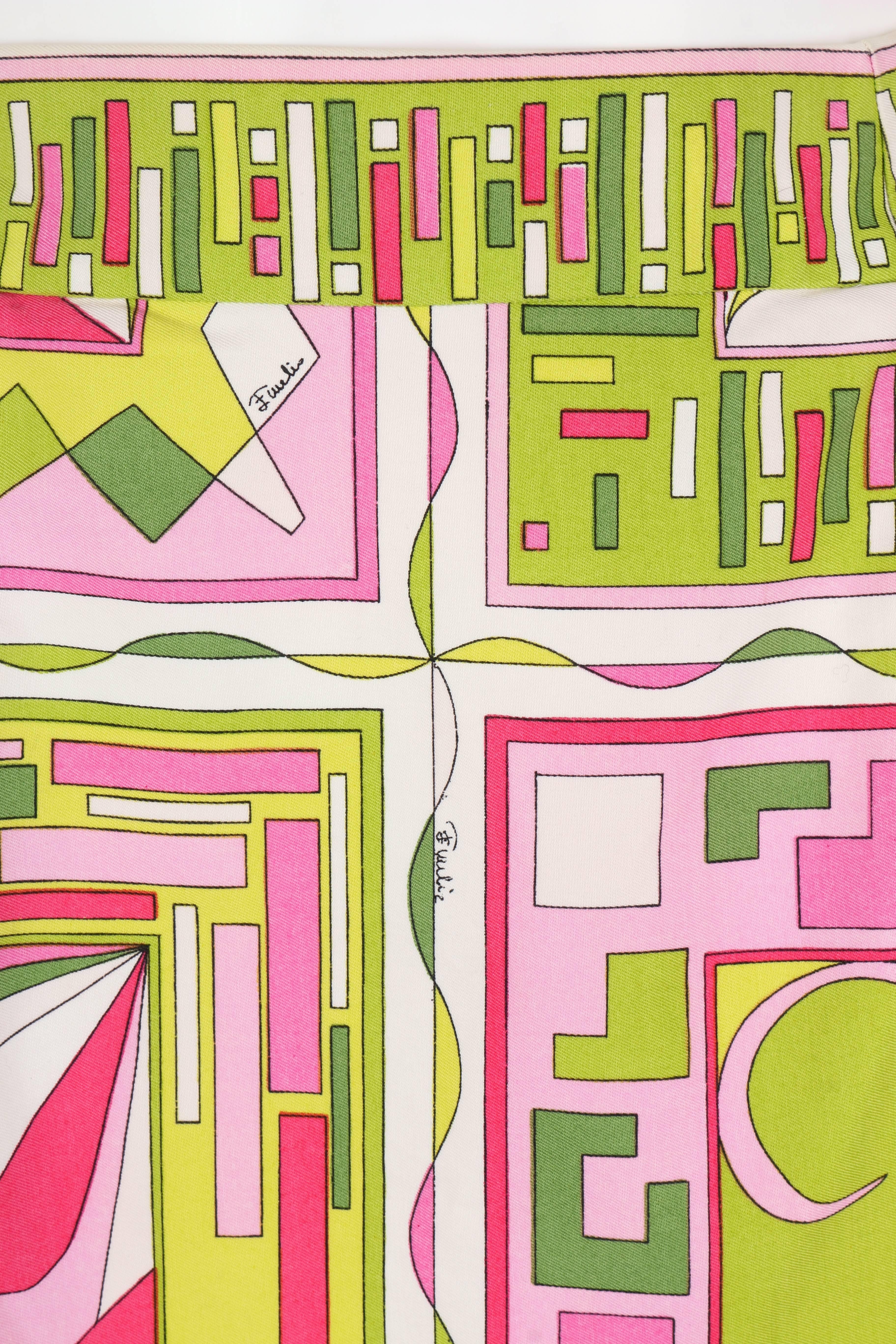 Beige EMILIO PUCCI c.1960's Green Pink Geometric Signature Print Cotton Mini Skirt