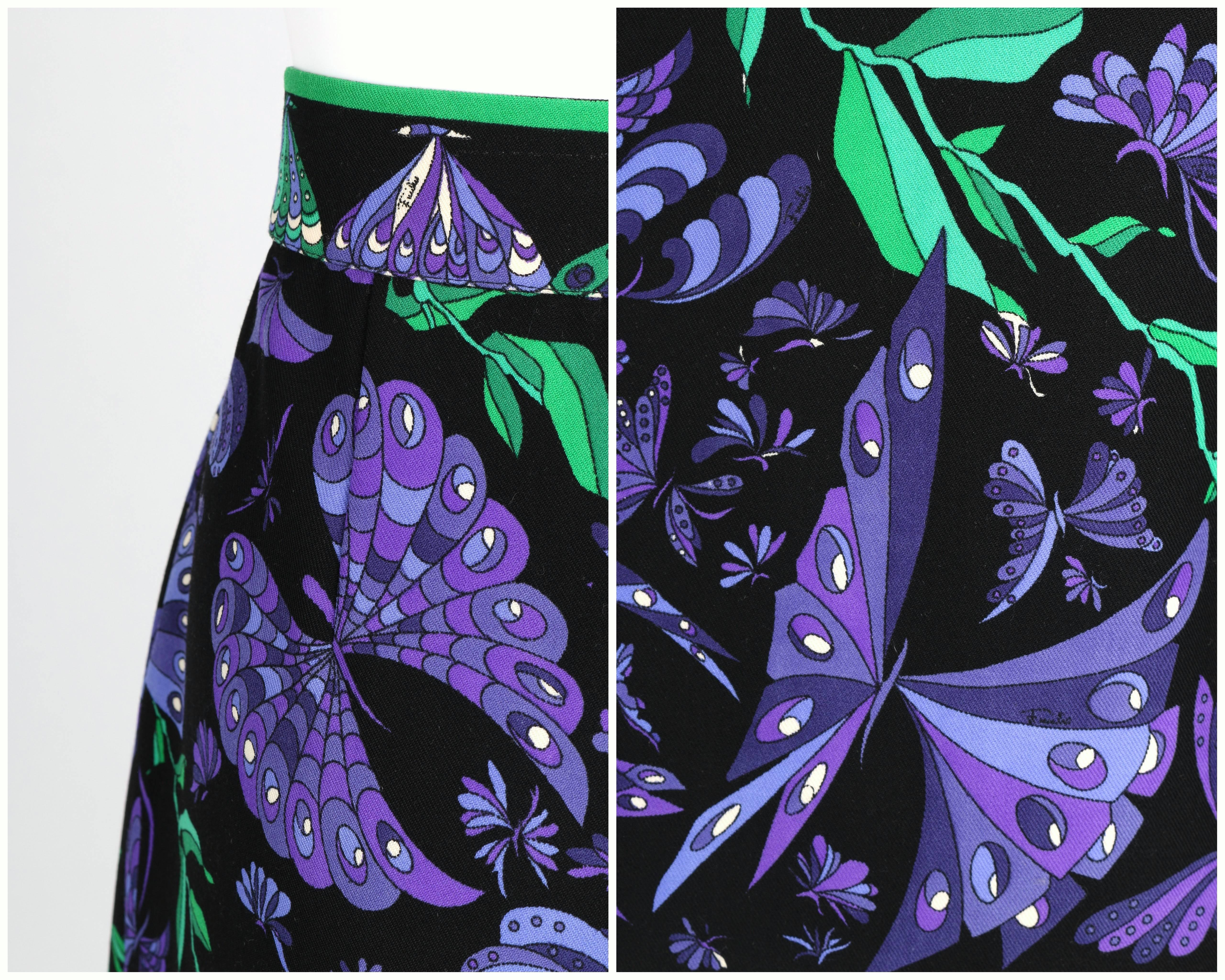 EMILIO PUCCI c.1970's Black Purple Butterfly Signature Print Wool A-Line Skirt 3