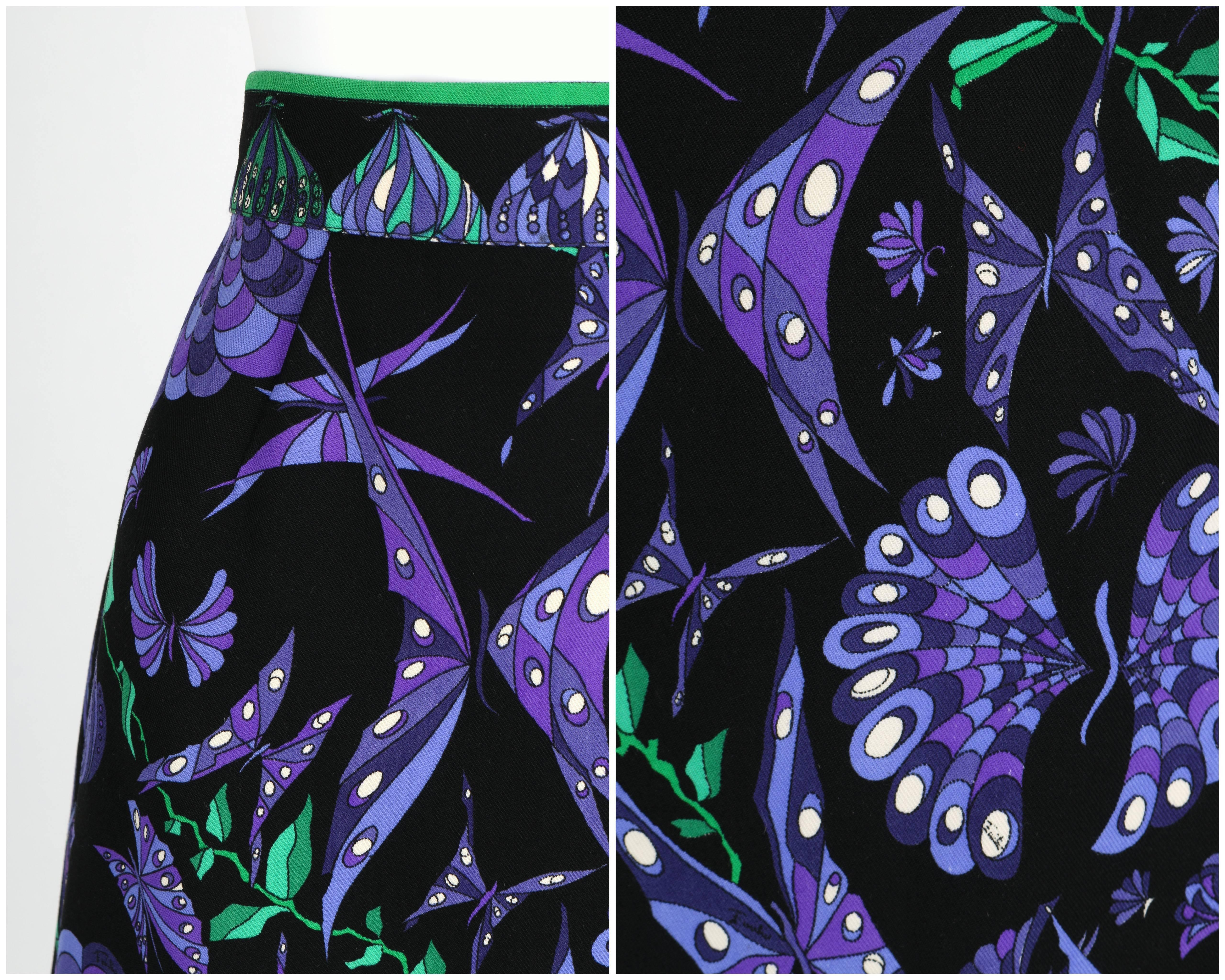 EMILIO PUCCI c.1970's Black Purple Butterfly Signature Print Wool A-Line Skirt 1