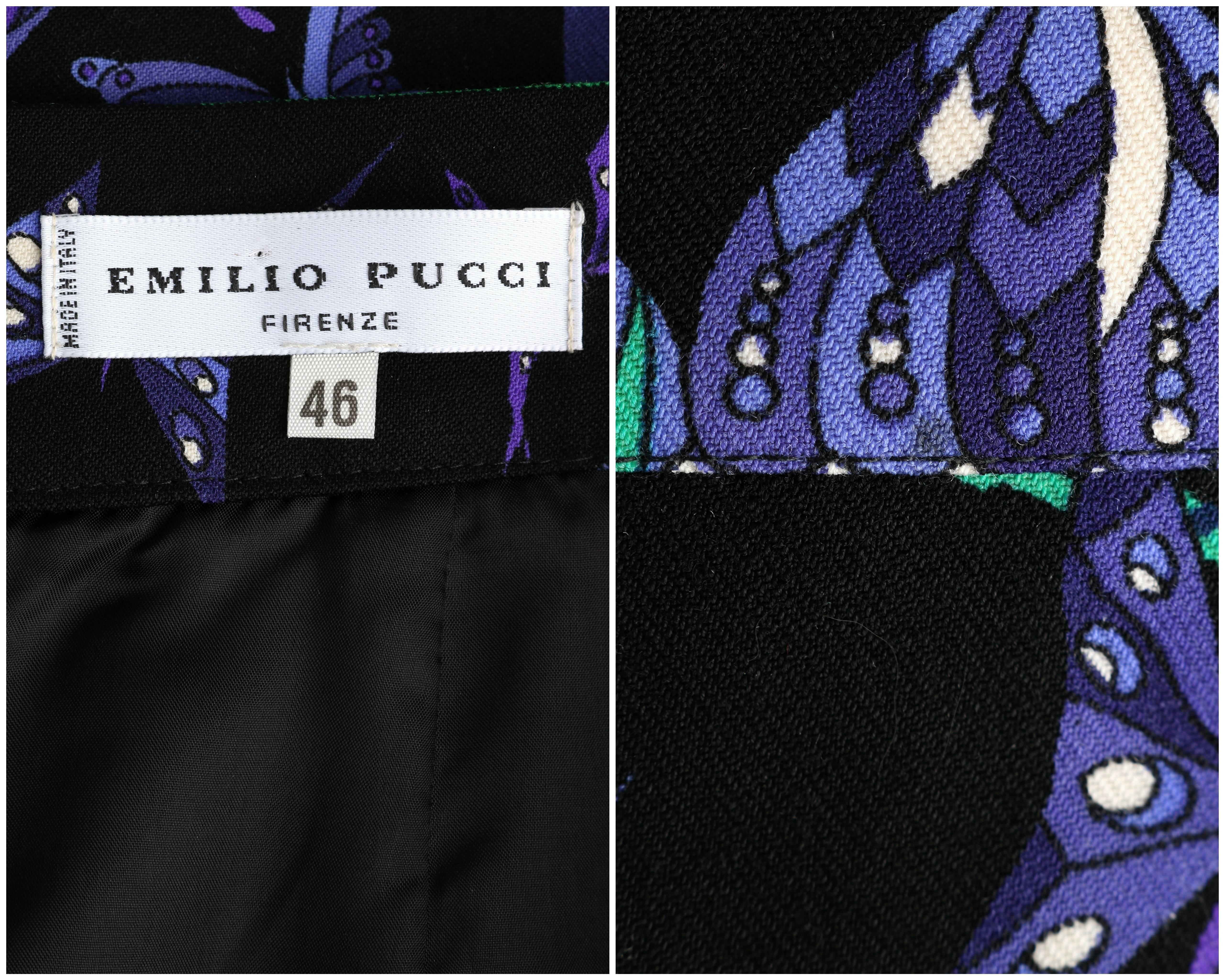 EMILIO PUCCI c.1970's Black Purple Butterfly Signature Print Wool A-Line Skirt 5