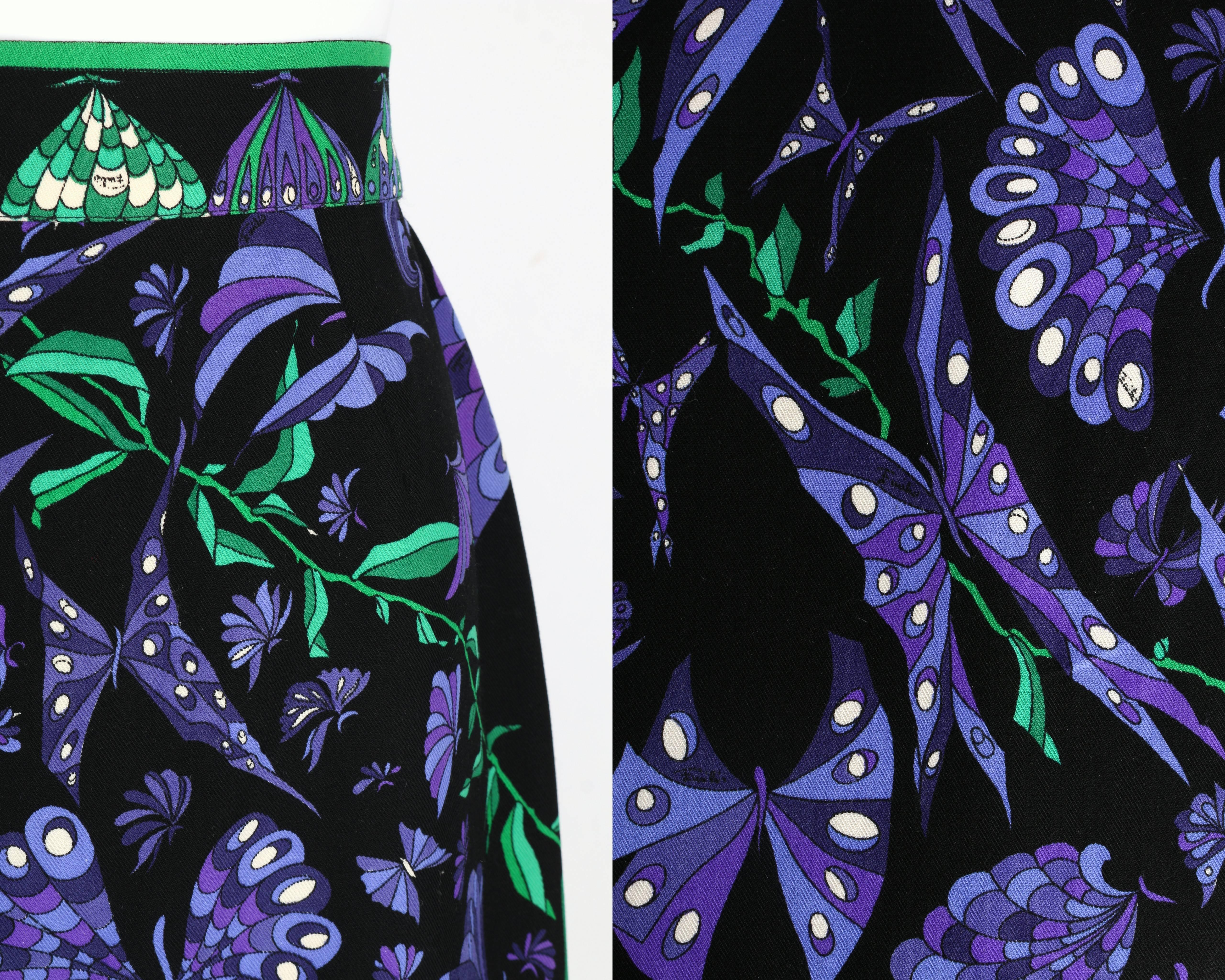 EMILIO PUCCI c.1970's Black Purple Butterfly Signature Print Wool A-Line Skirt 2