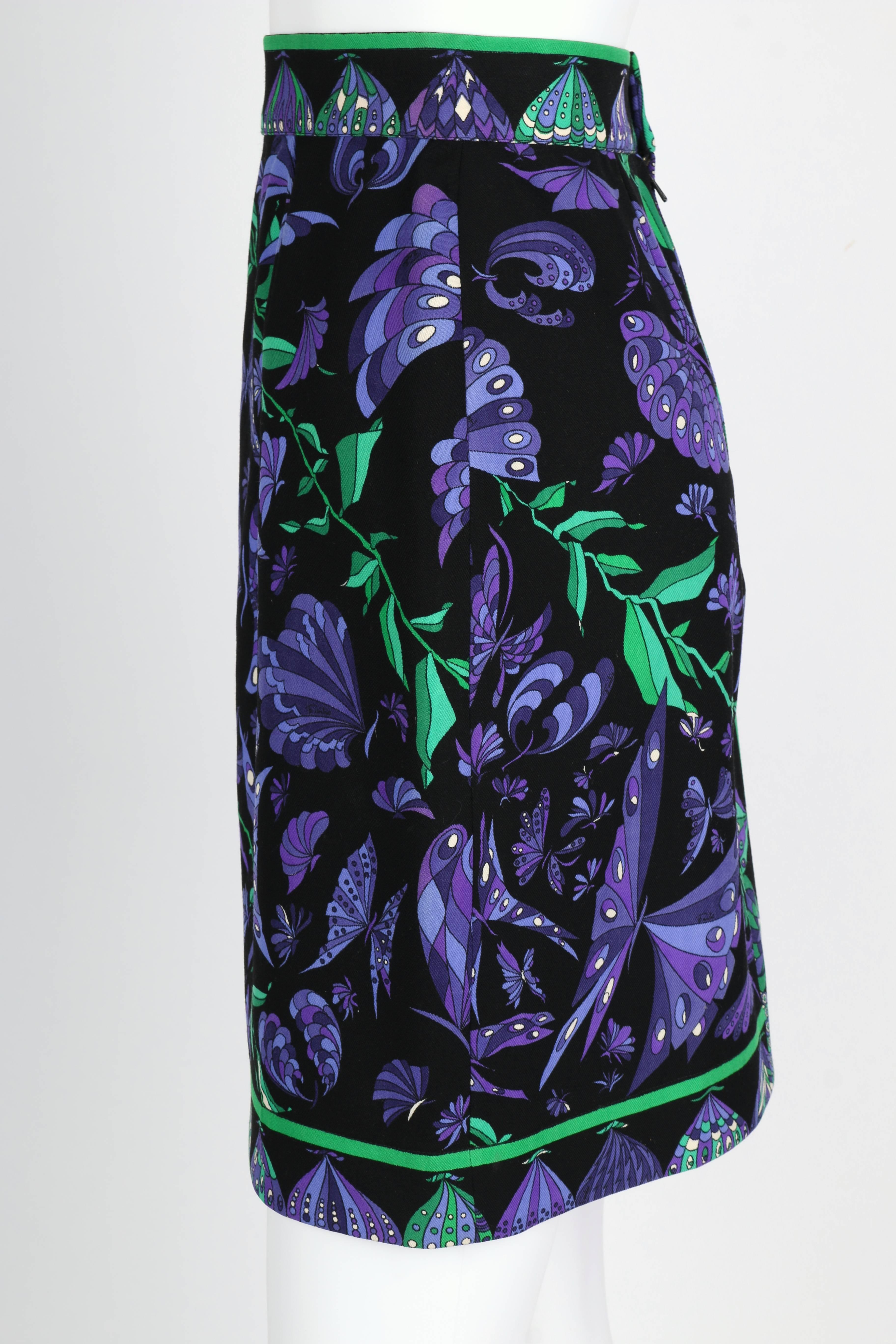 Women's EMILIO PUCCI c.1970's Black Purple Butterfly Signature Print Wool A-Line Skirt