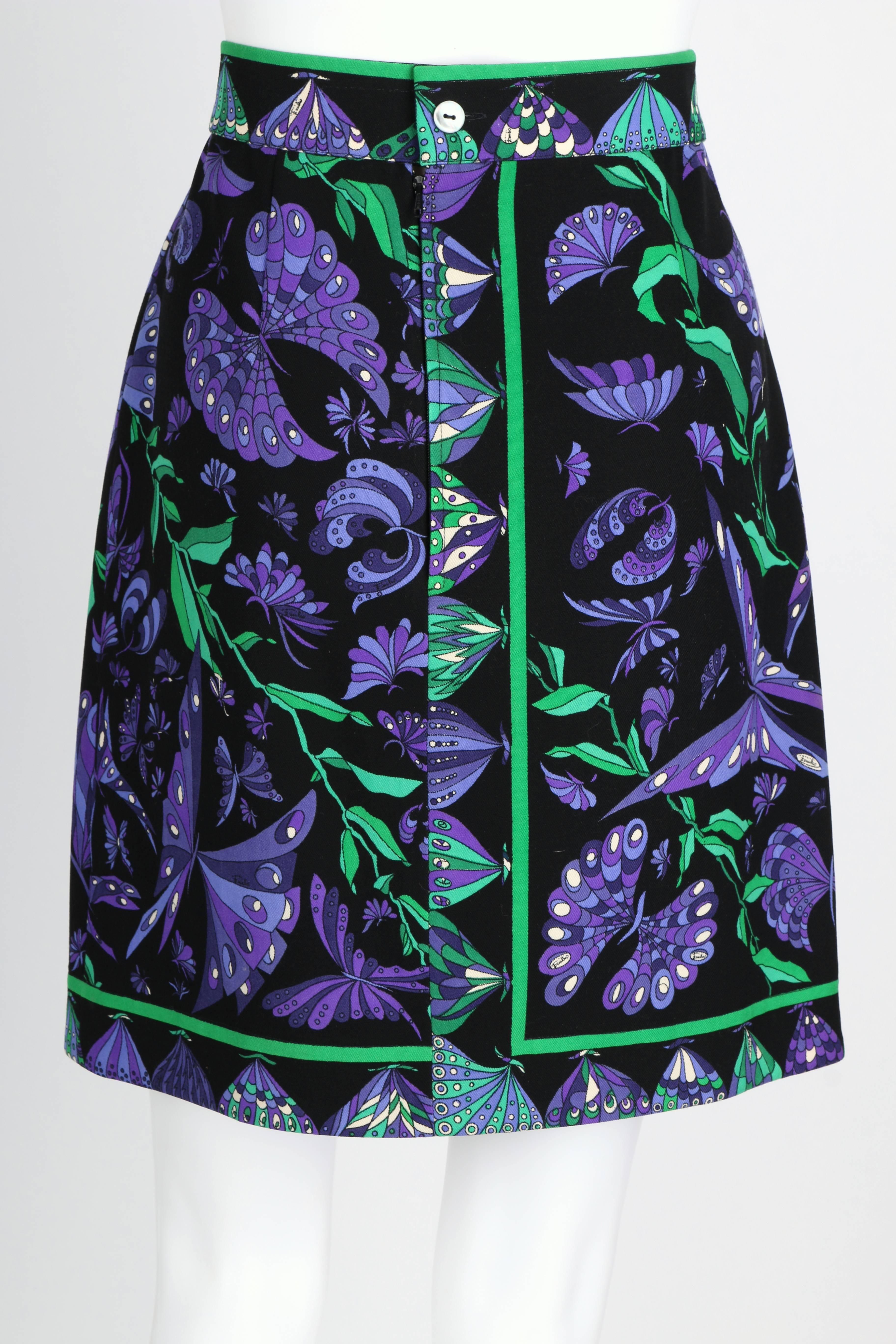EMILIO PUCCI c.1970's Black Purple Butterfly Signature Print Wool A-Line Skirt In Good Condition In Thiensville, WI