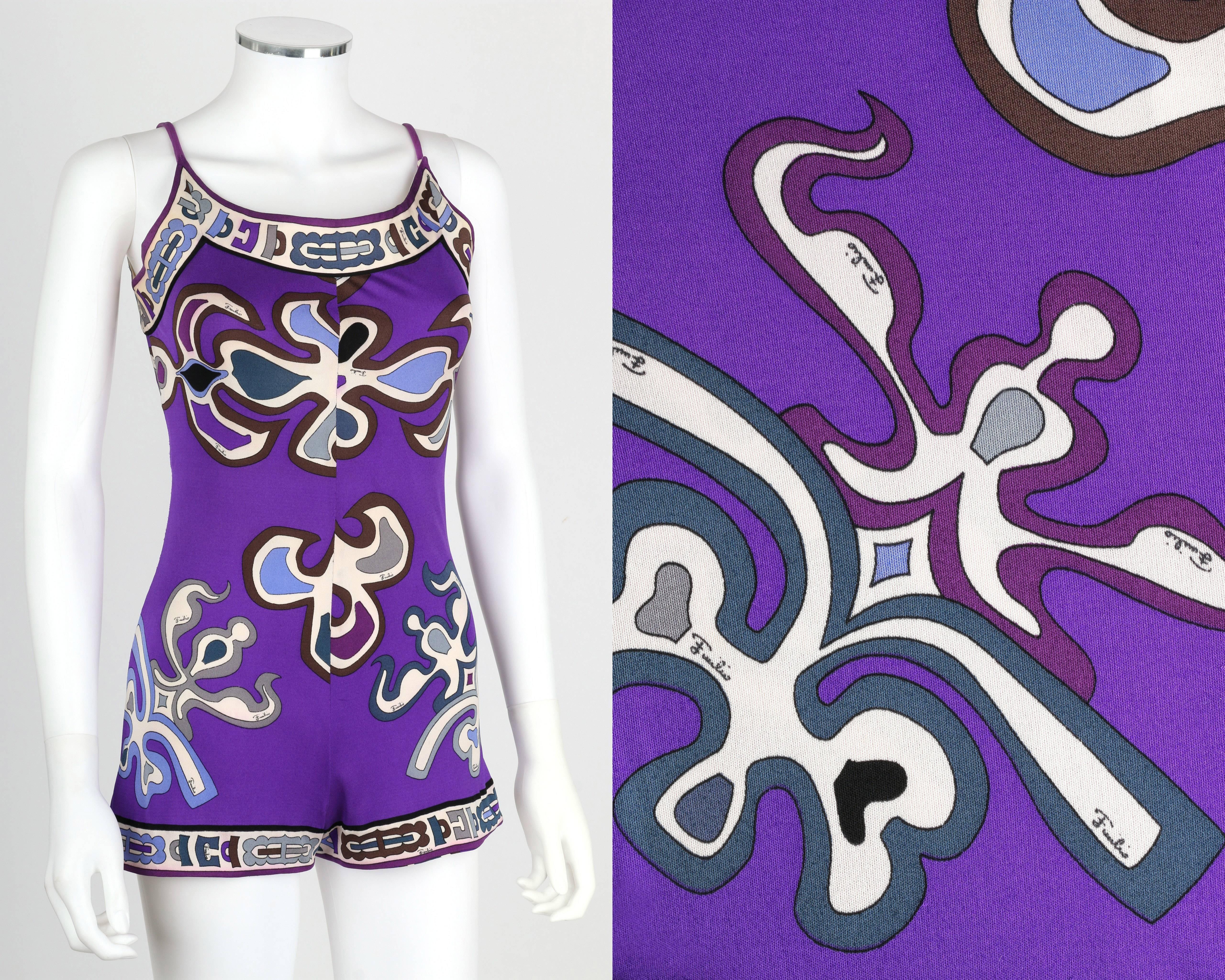 Vintage c.1960's Emilio Pucci purple Mediterranean signature print silk jersey romper/playsuit. Spaghetti straps. Decorative border detailing around neckline and hem. Left side metal zipper closure. Marked Fabric: 