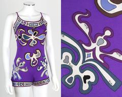 EMILIO PUCCI c.1960's Purple Signature Print 100% Silk Shorts Romper Playsuit