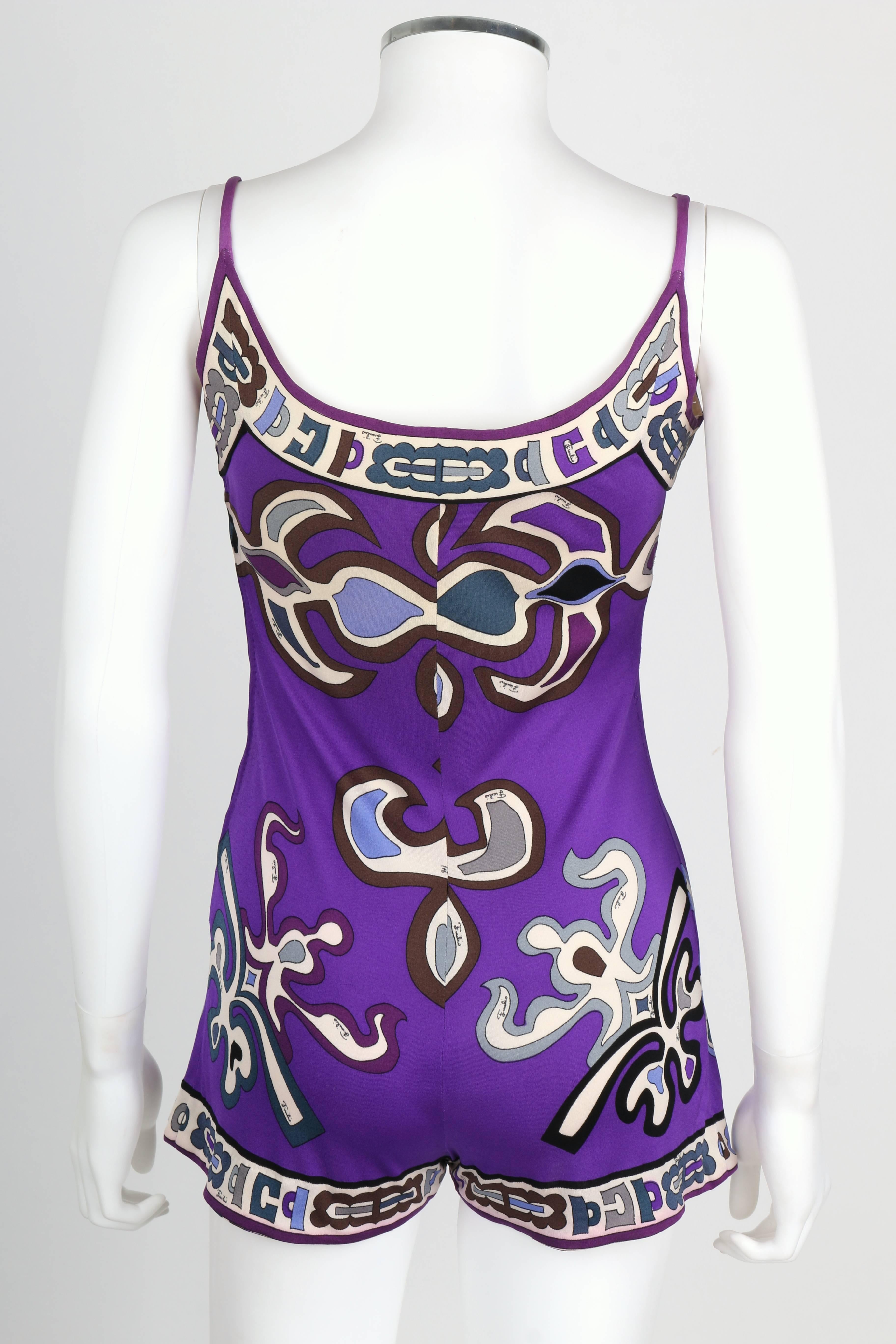 Women's EMILIO PUCCI c.1960's Purple Signature Print 100% Silk Shorts Romper Playsuit