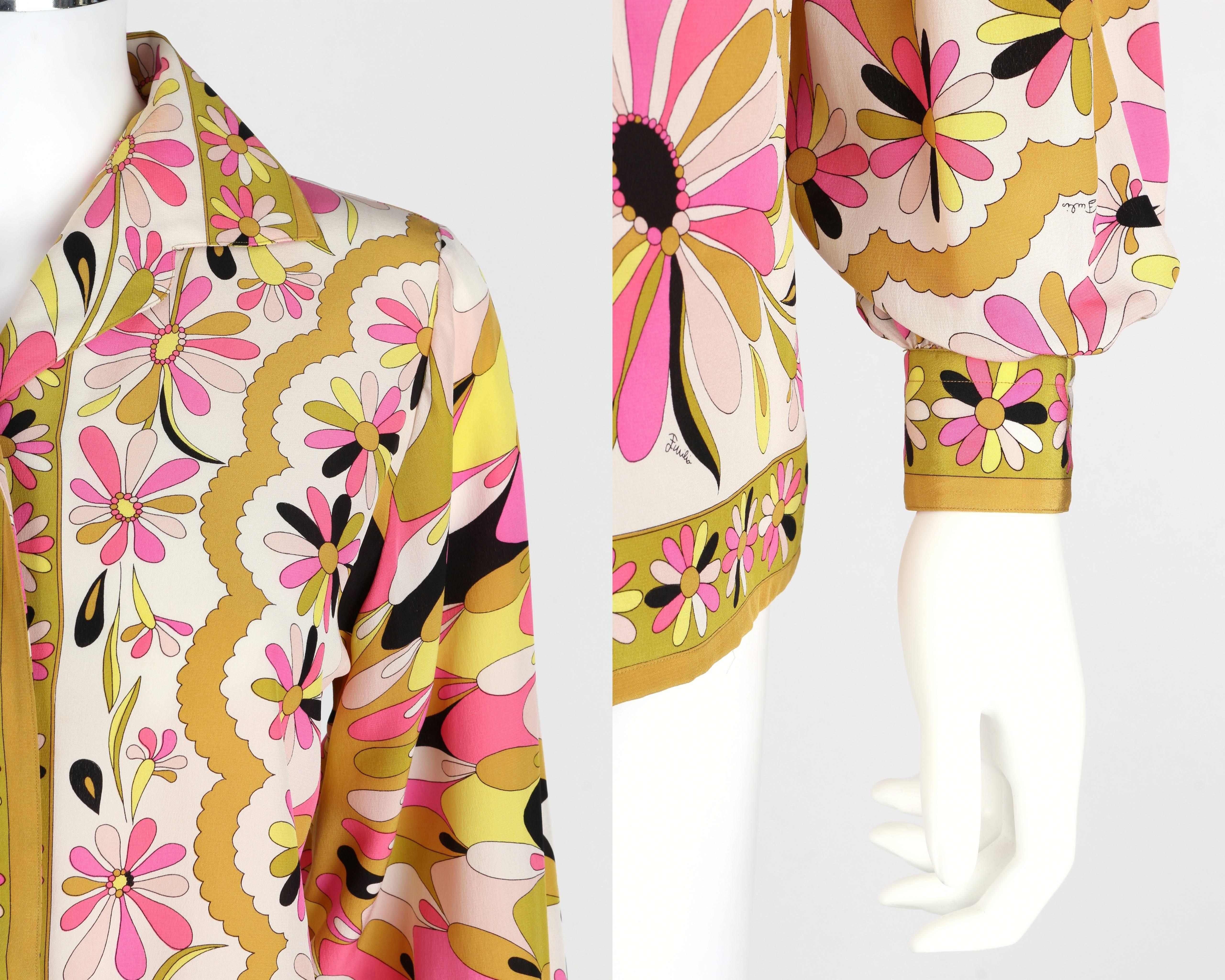 EMILIO PUCCI c.1970's Pink Kaleidoscope Daisy Print 100% Silk Blouse Shirt Top 2