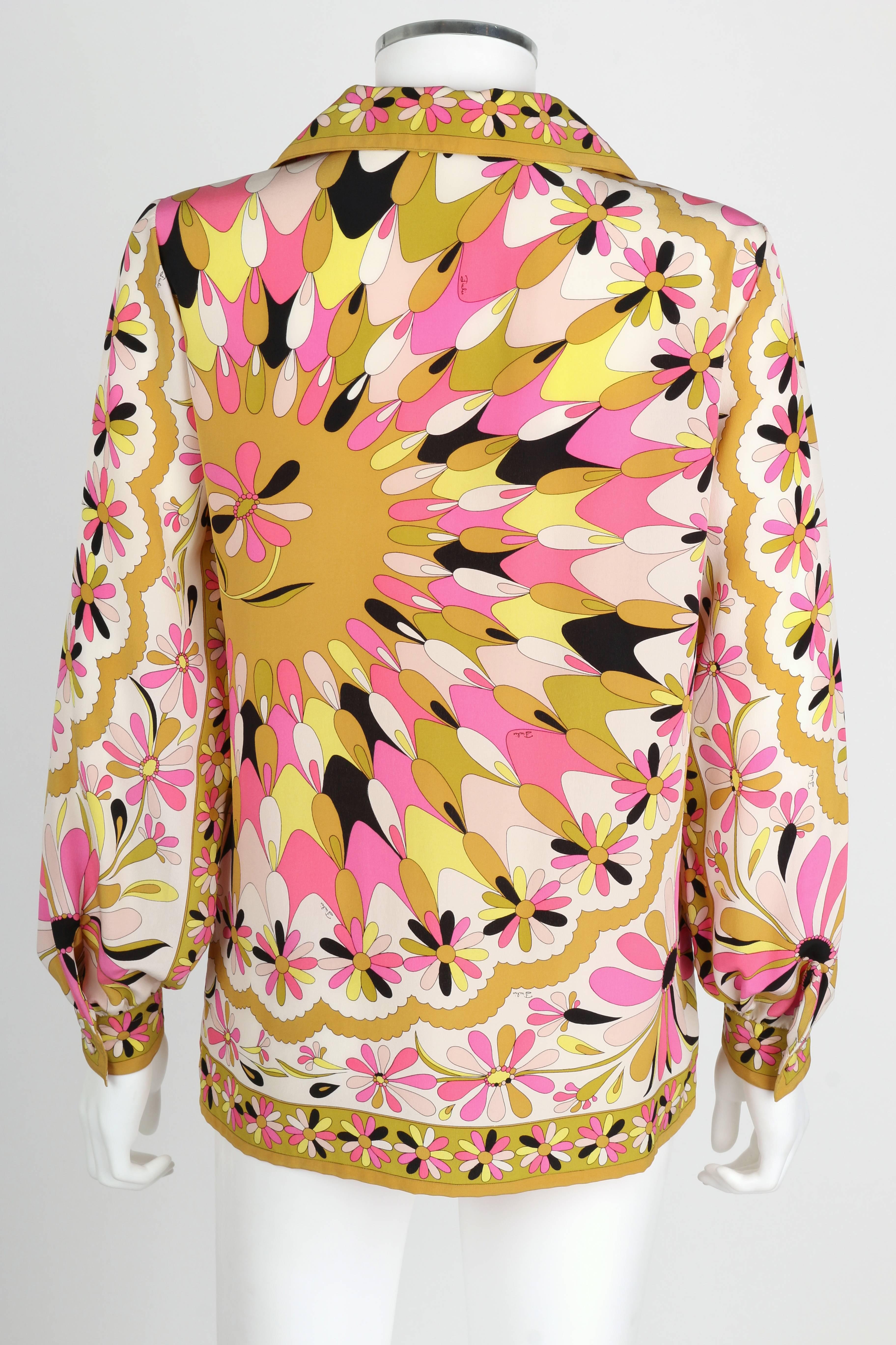 EMILIO PUCCI c.1970's Pink Kaleidoscope Daisy Print 100% Silk Blouse Shirt Top In Excellent Condition In Thiensville, WI