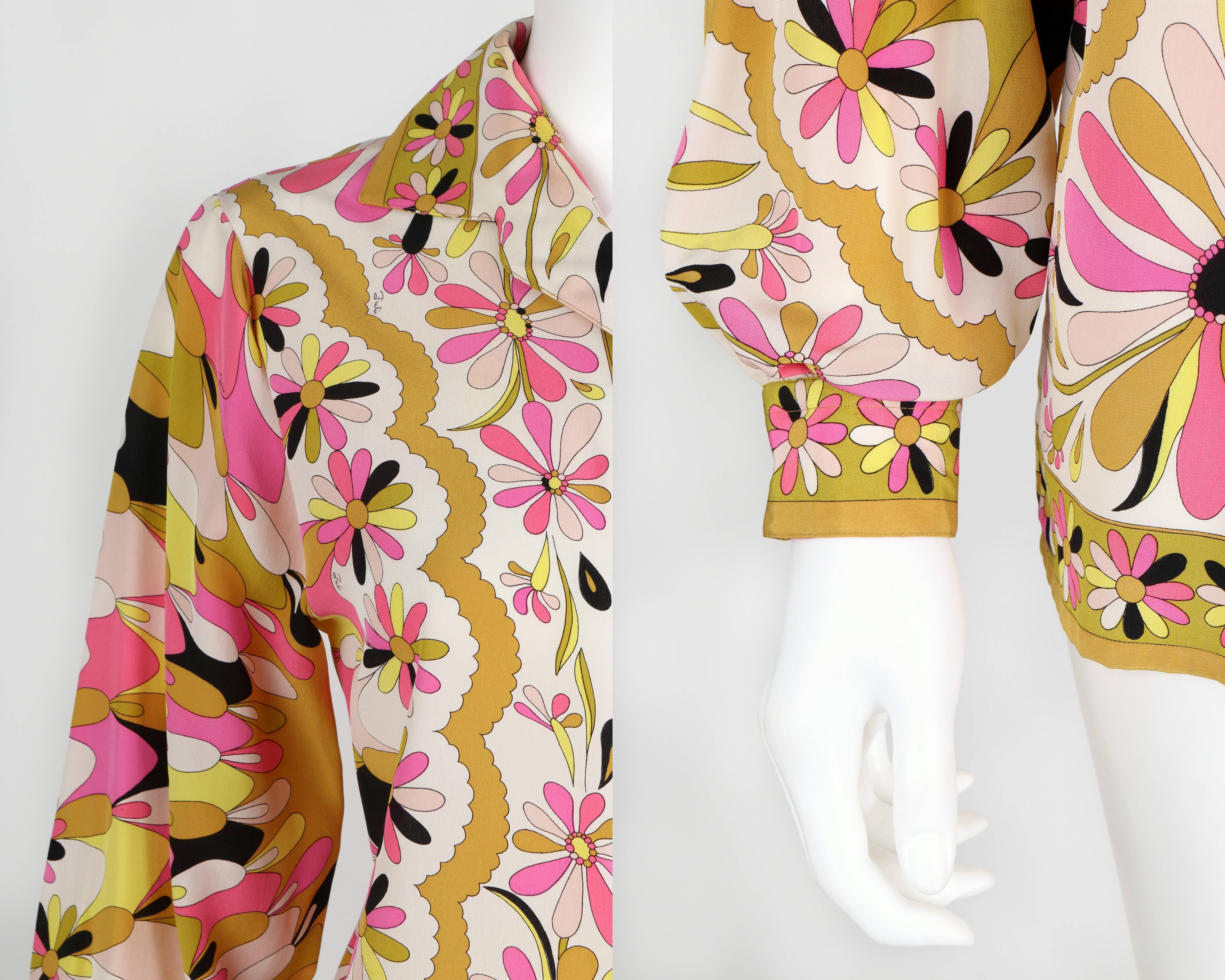 EMILIO PUCCI c.1970's Pink Kaleidoscope Daisy Print 100% Silk Blouse Shirt Top 1