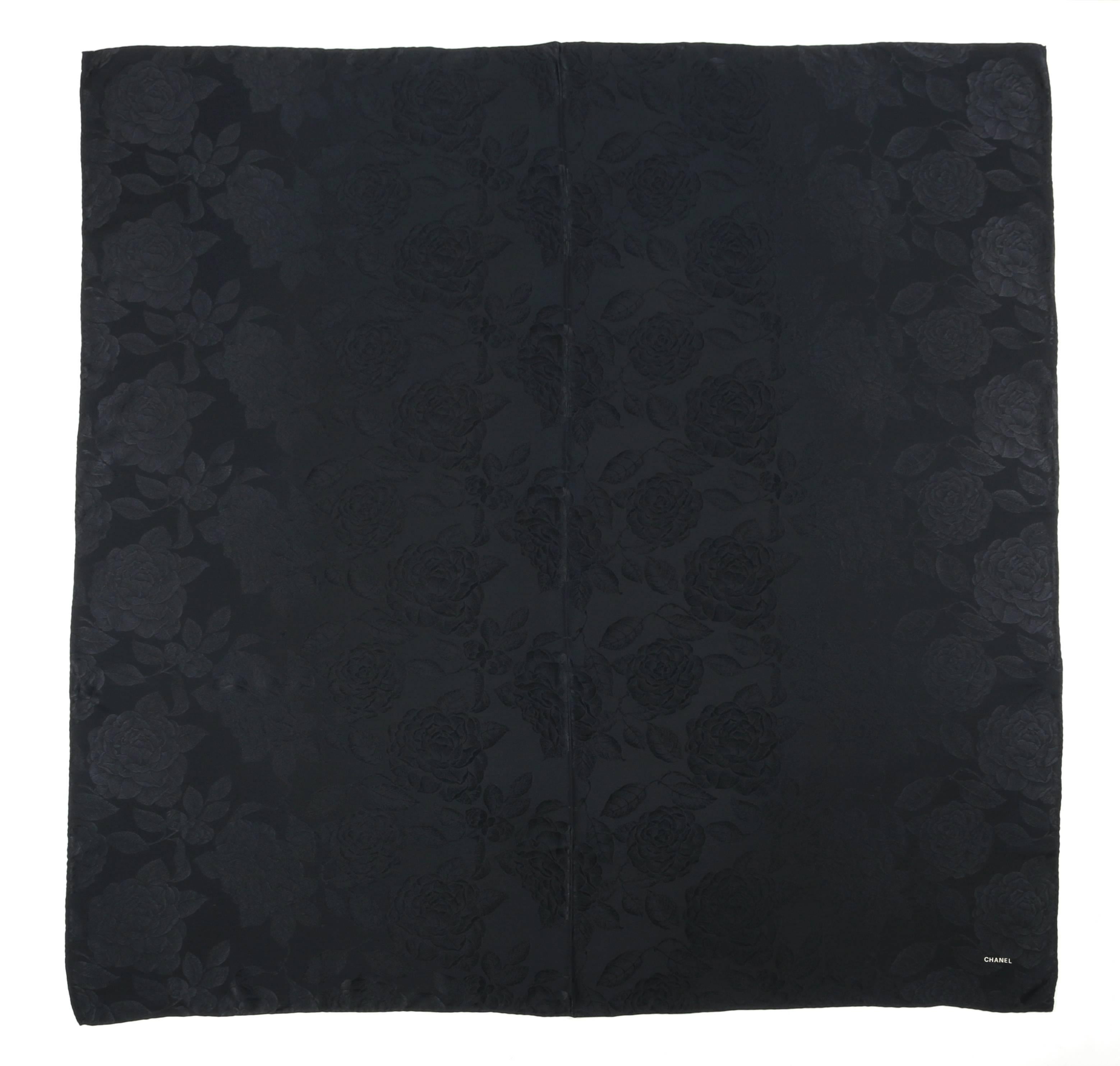 Women's CHANEL Black Satin Camellia Print 100% Silk Large Scarf Wrap Shawl With Box 