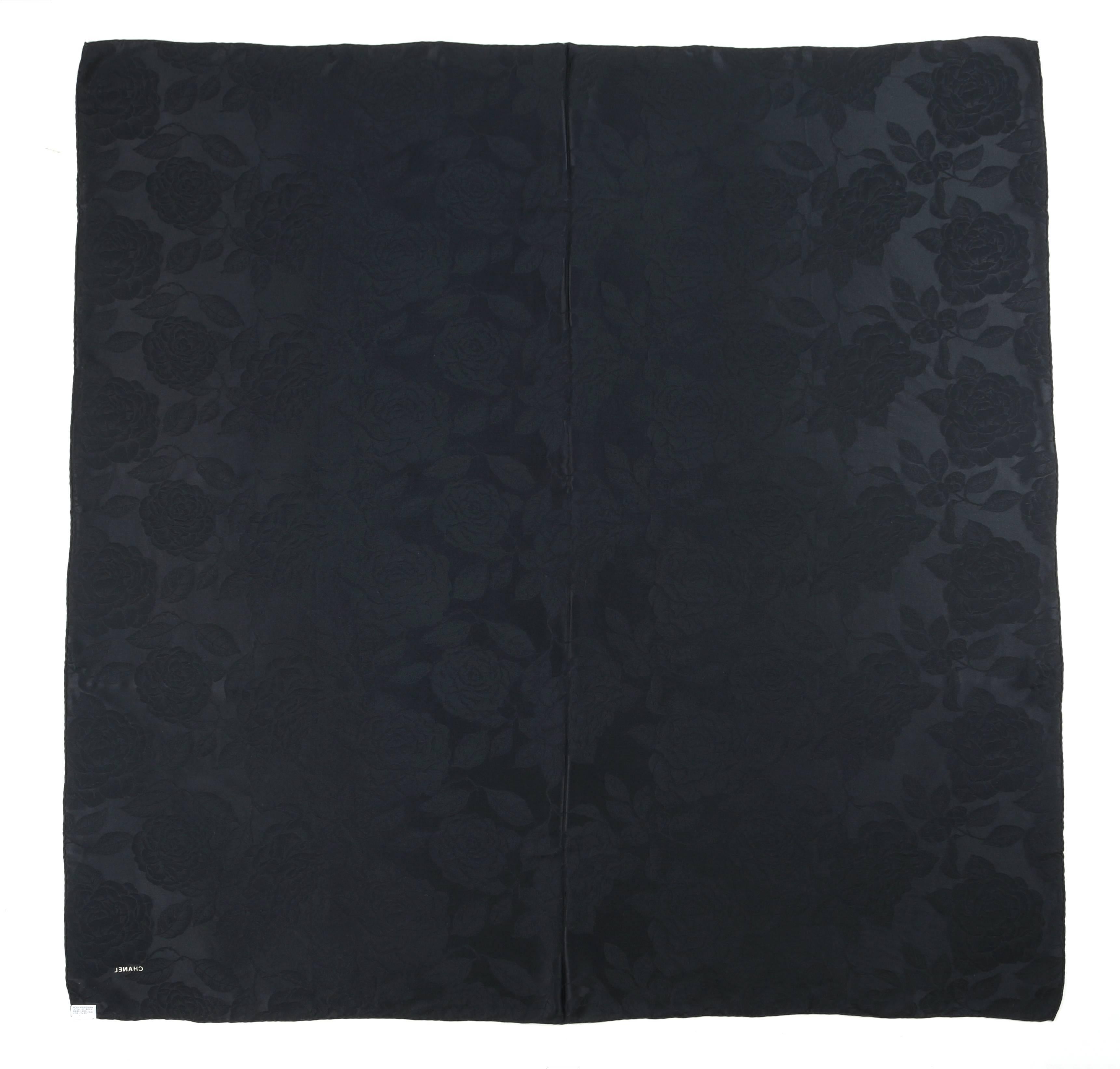 CHANEL Black Satin Camellia Print 100% Silk Large Scarf Wrap Shawl With Box  1