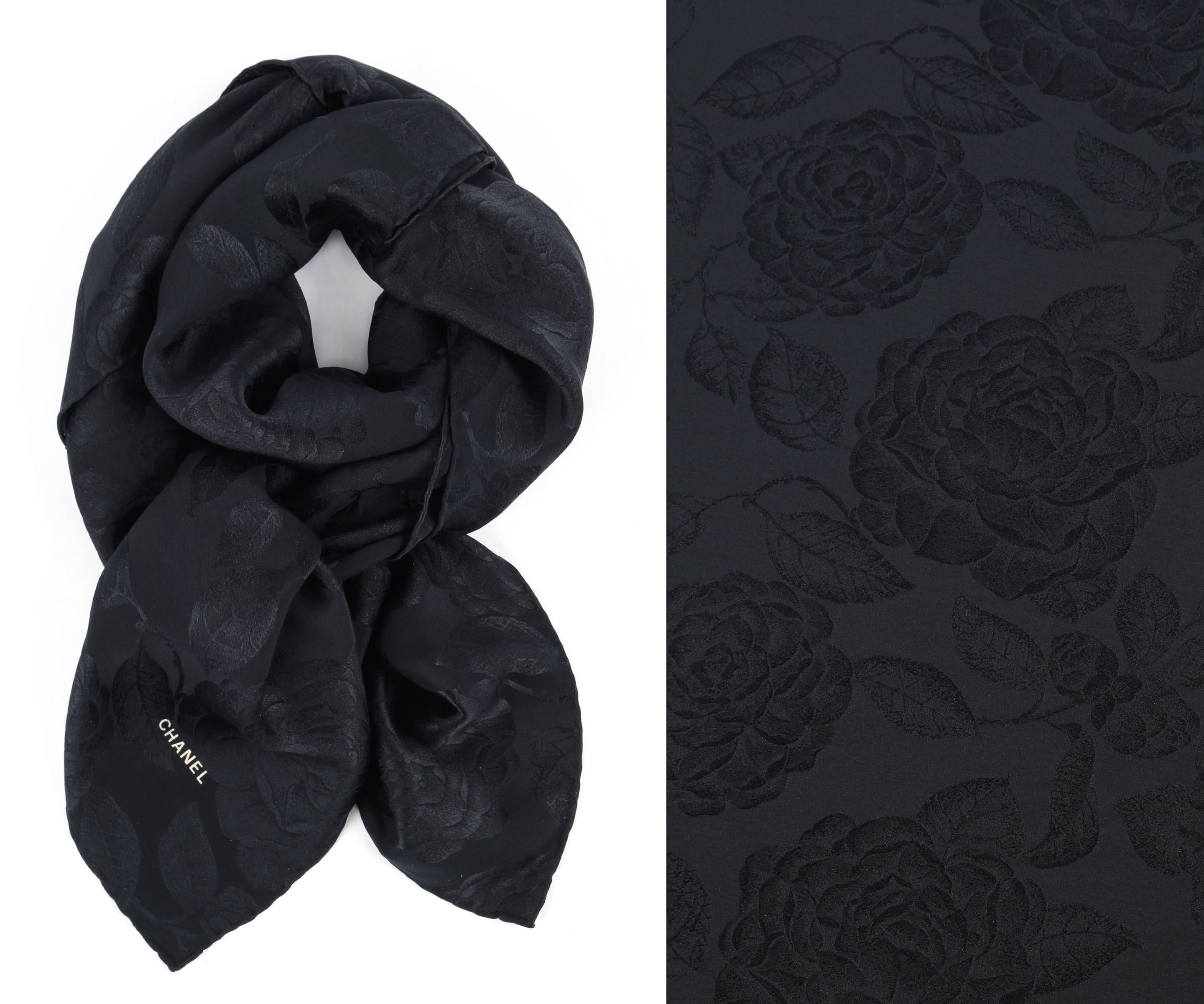 CHANEL Black Satin Camellia Print 100% Silk Large Scarf Wrap Shawl With Box  In Excellent Condition In Thiensville, WI