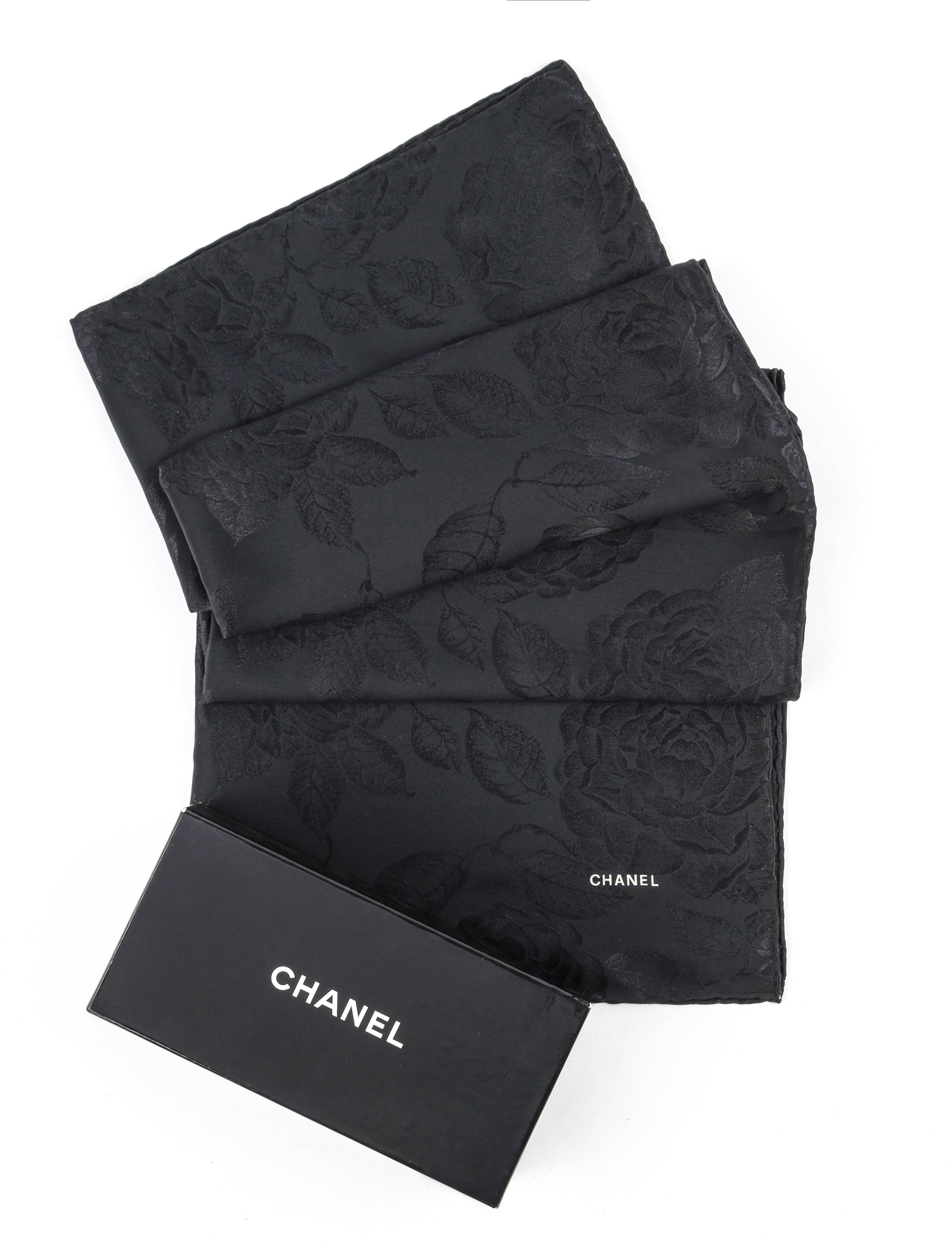 Chanel black floral print 100% silk scarf. All over black satin camillia print. Off white 
