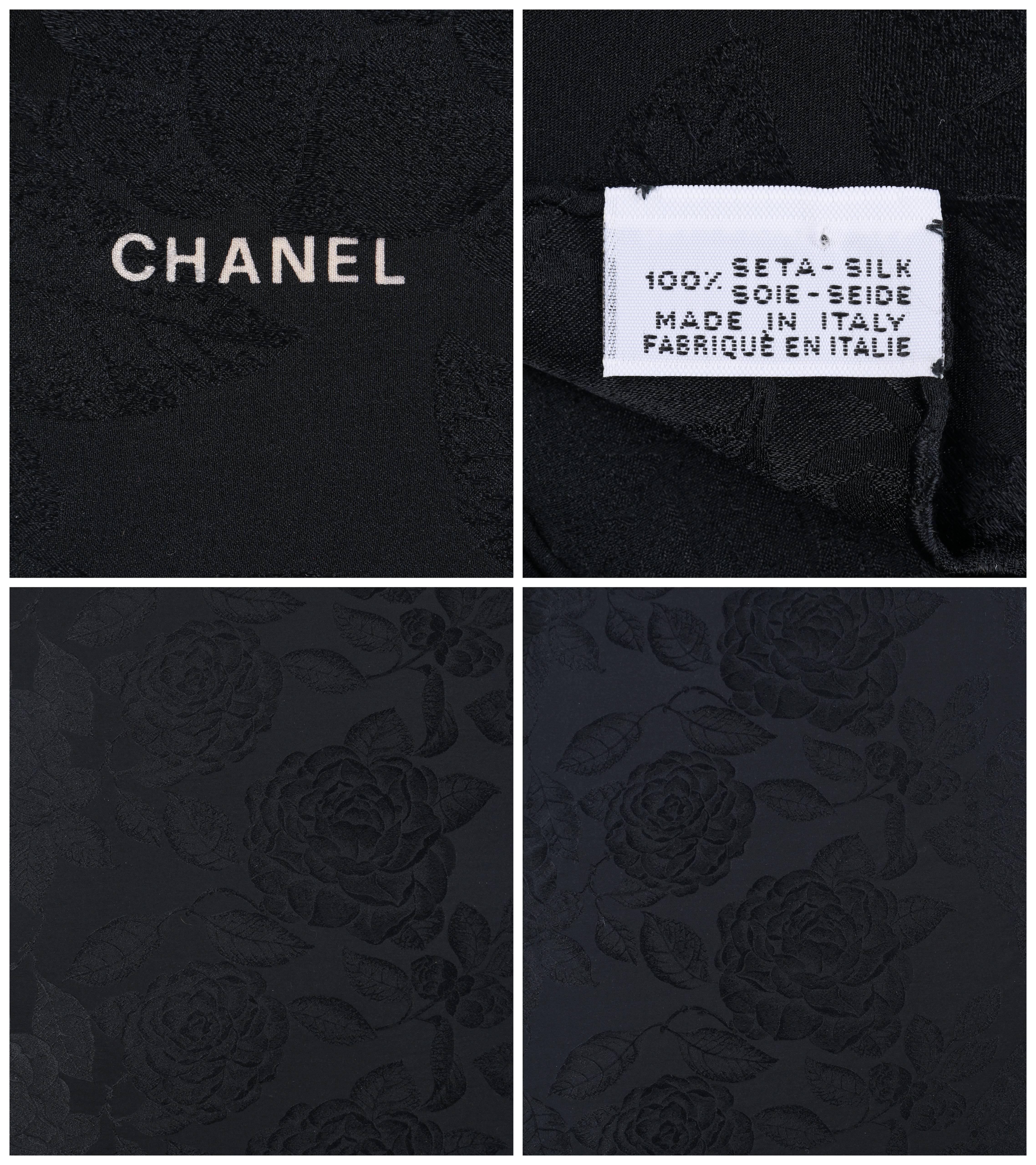 CHANEL Black Satin Camellia Print 100% Silk Large Scarf Wrap Shawl With Box  2