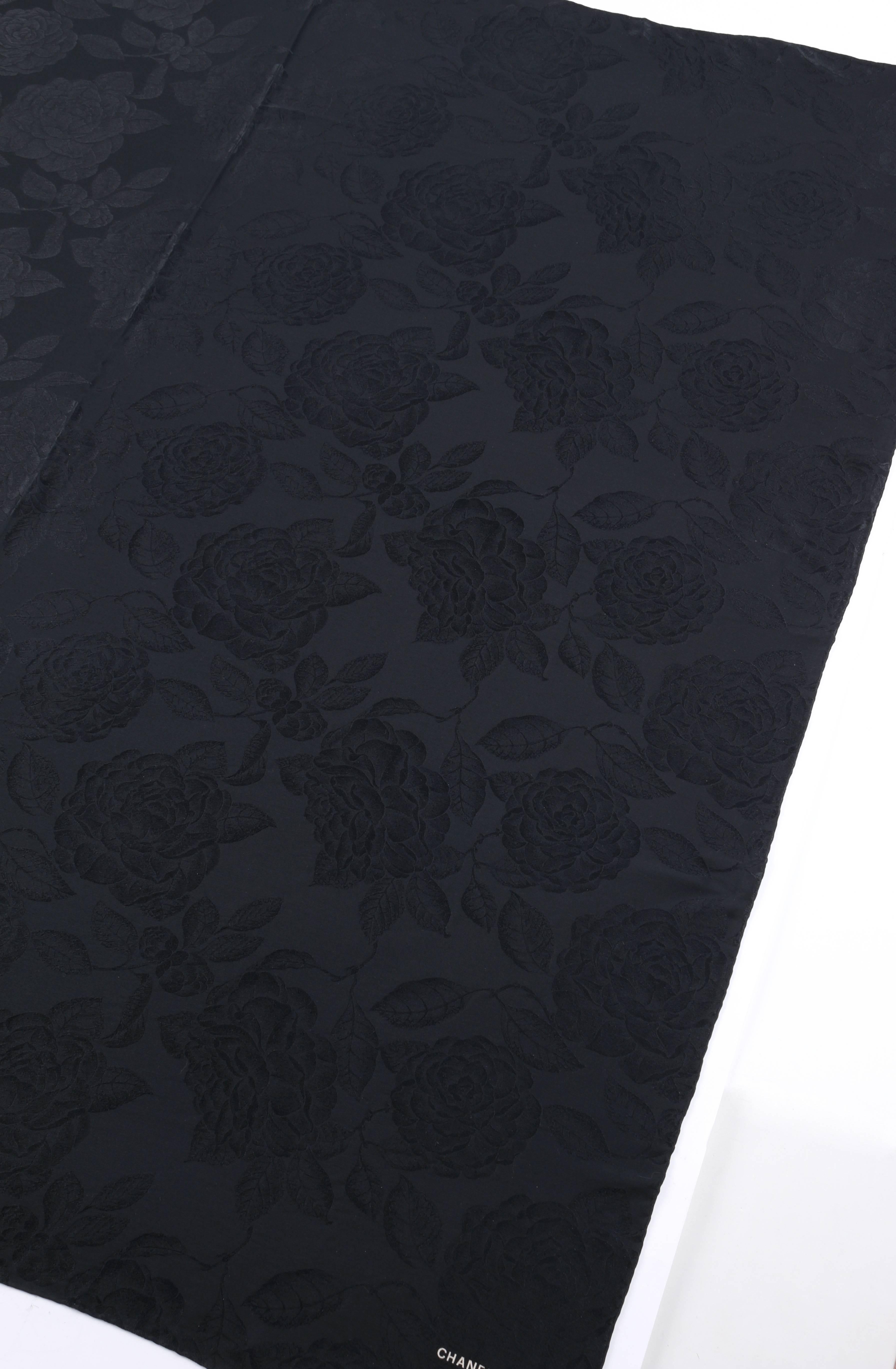 CHANEL Black Satin Camellia Print 100% Silk Large Scarf Wrap Shawl With Box  3