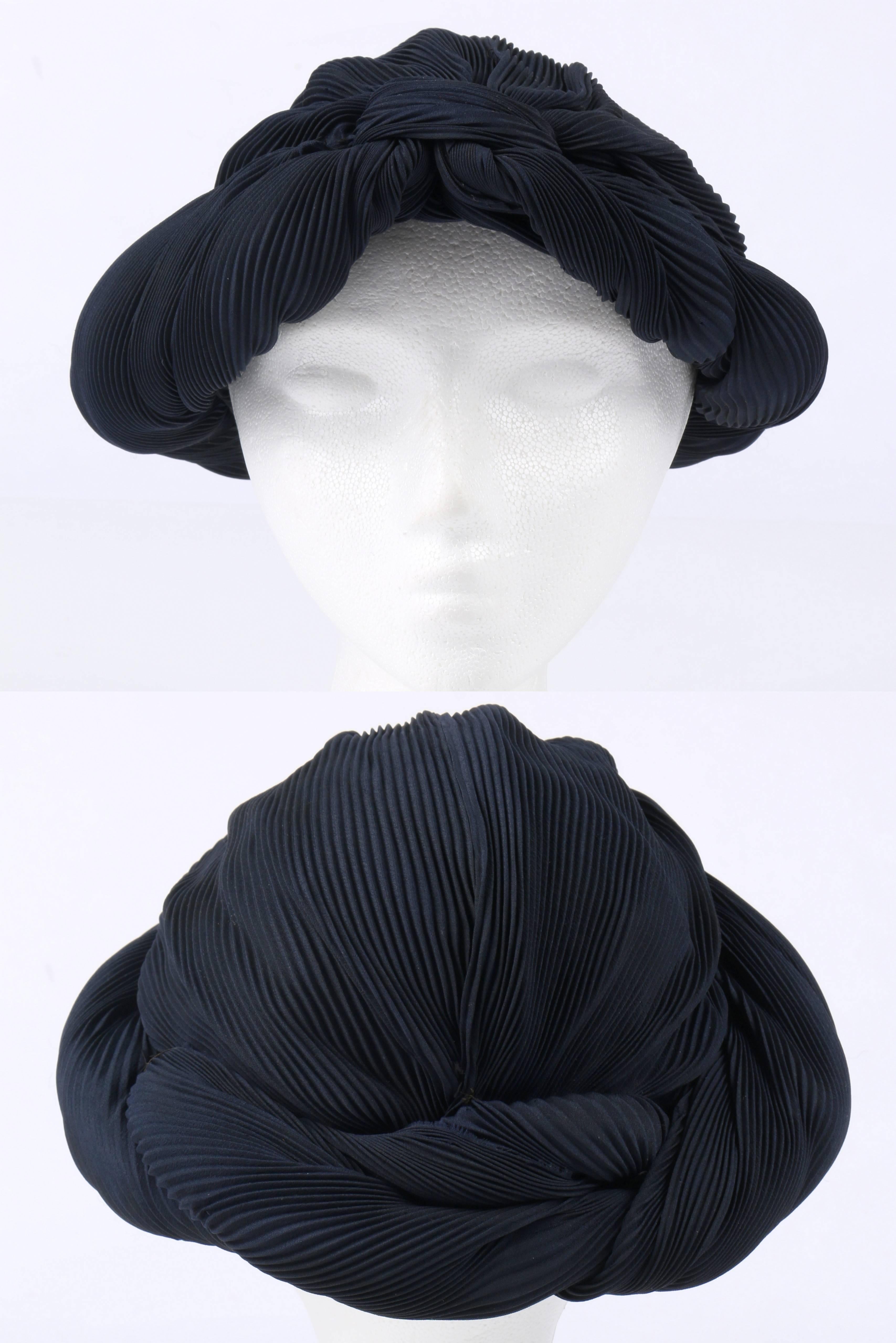 Black MADAME AGNES c.1930's Midnight Navy Blue Plisse Pleat Silk Turban Dinner Hat For Sale
