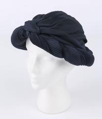MADAME AGNES c.1930's Midnight Navy Blue Plisse Pleat Silk Turban Dinner Hat
