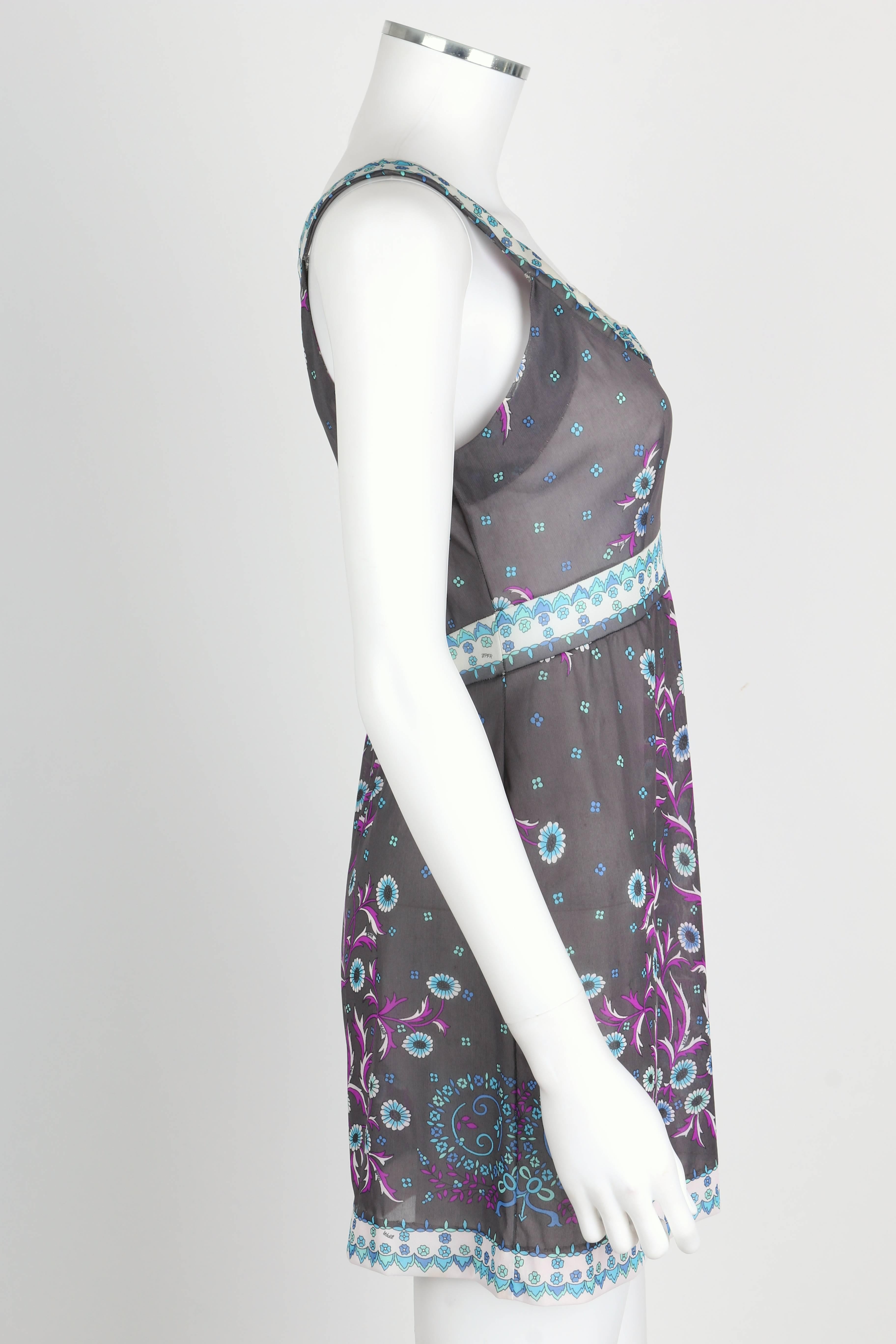 EMILIO PUCCI c.1960's Formfit Rogers Gray Floral Sleeveless Tunic Mini Dress In Excellent Condition In Thiensville, WI