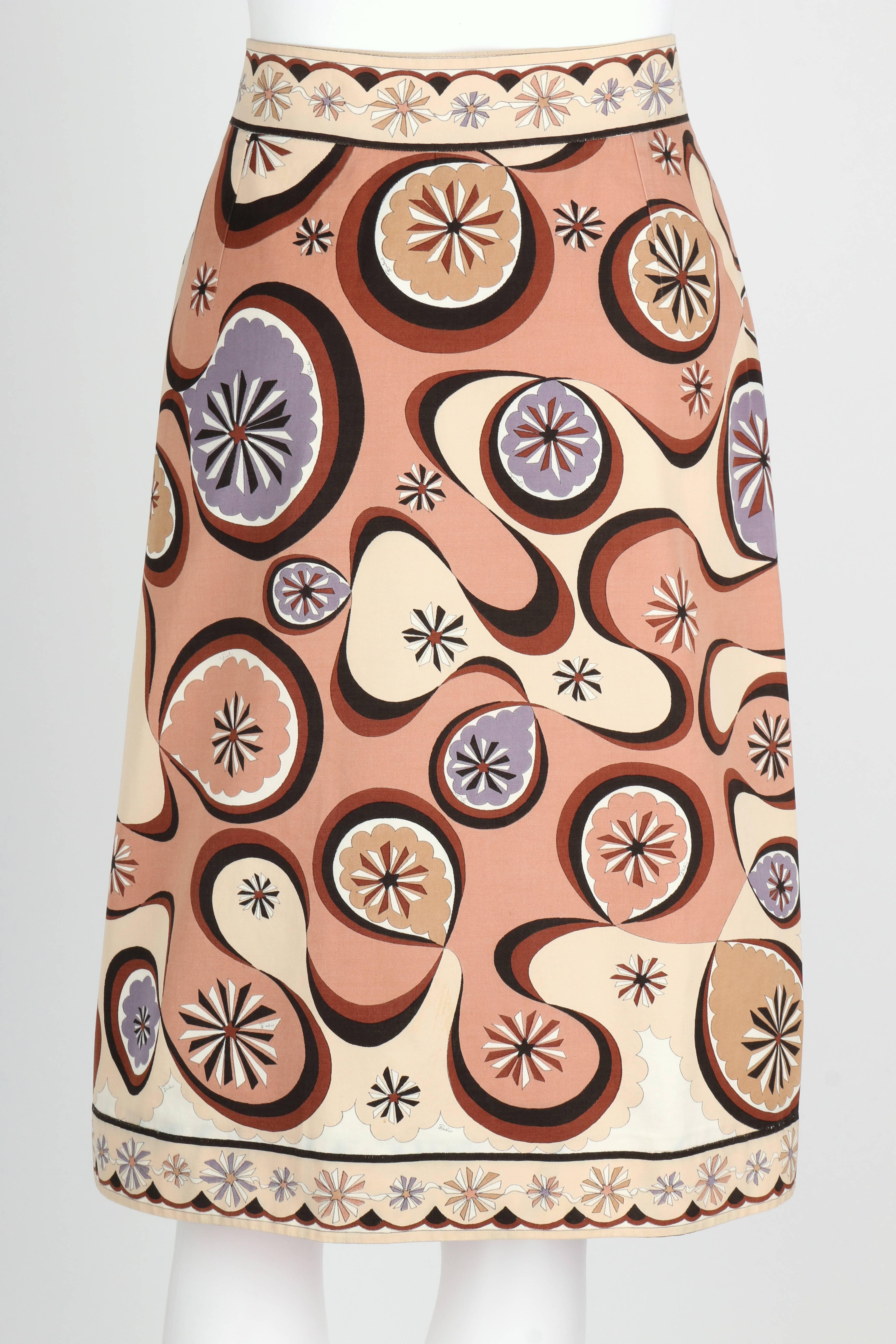 Women's EMILIO PUCCI c.1970's Beige Brown Star Burst Signature Print Cotton Wrap Skirt