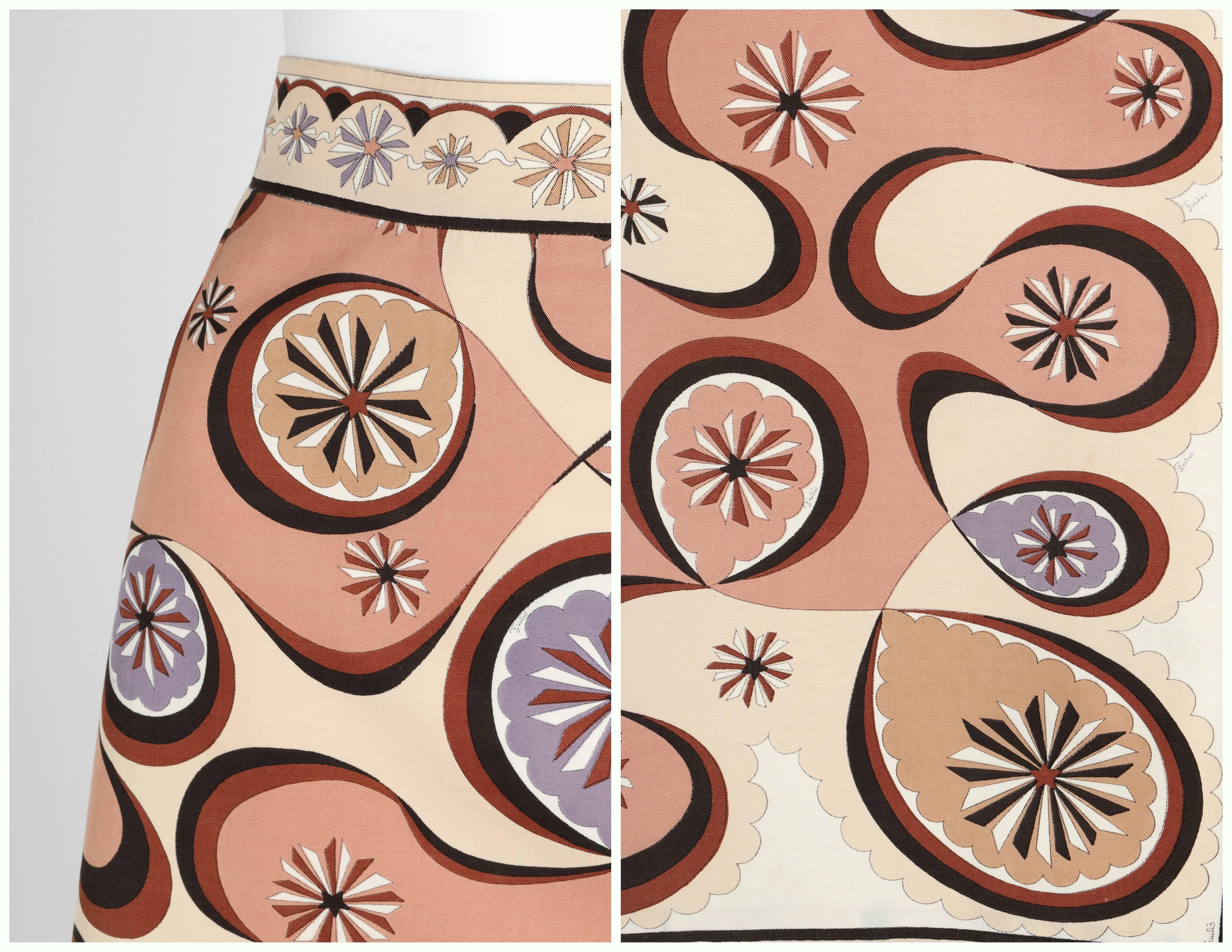 EMILIO PUCCI c.1970's Beige Brown Star Burst Signature Print Cotton Wrap Skirt 3