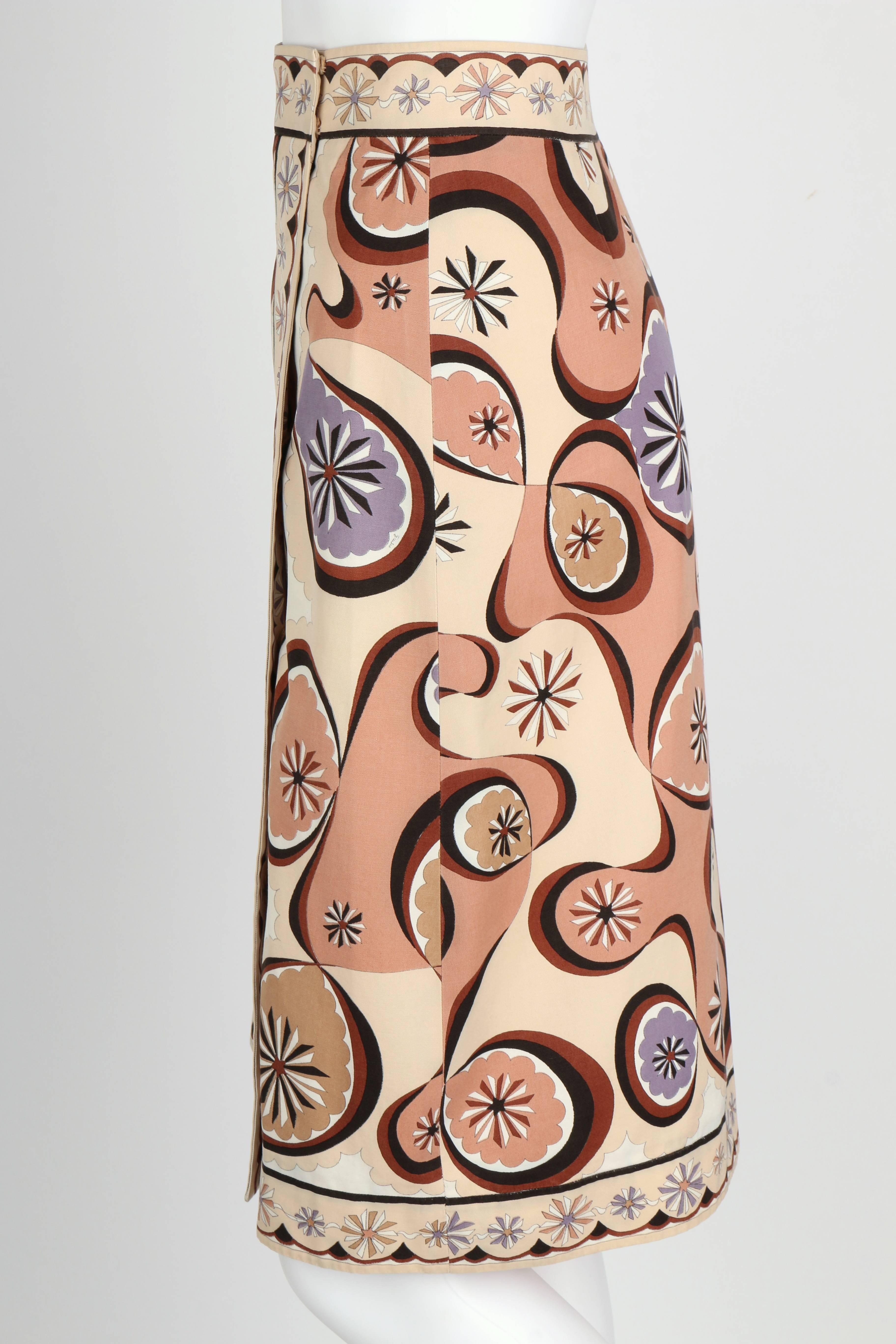 EMILIO PUCCI c.1970's Beige Brown Star Burst Signature Print Cotton Wrap Skirt 1