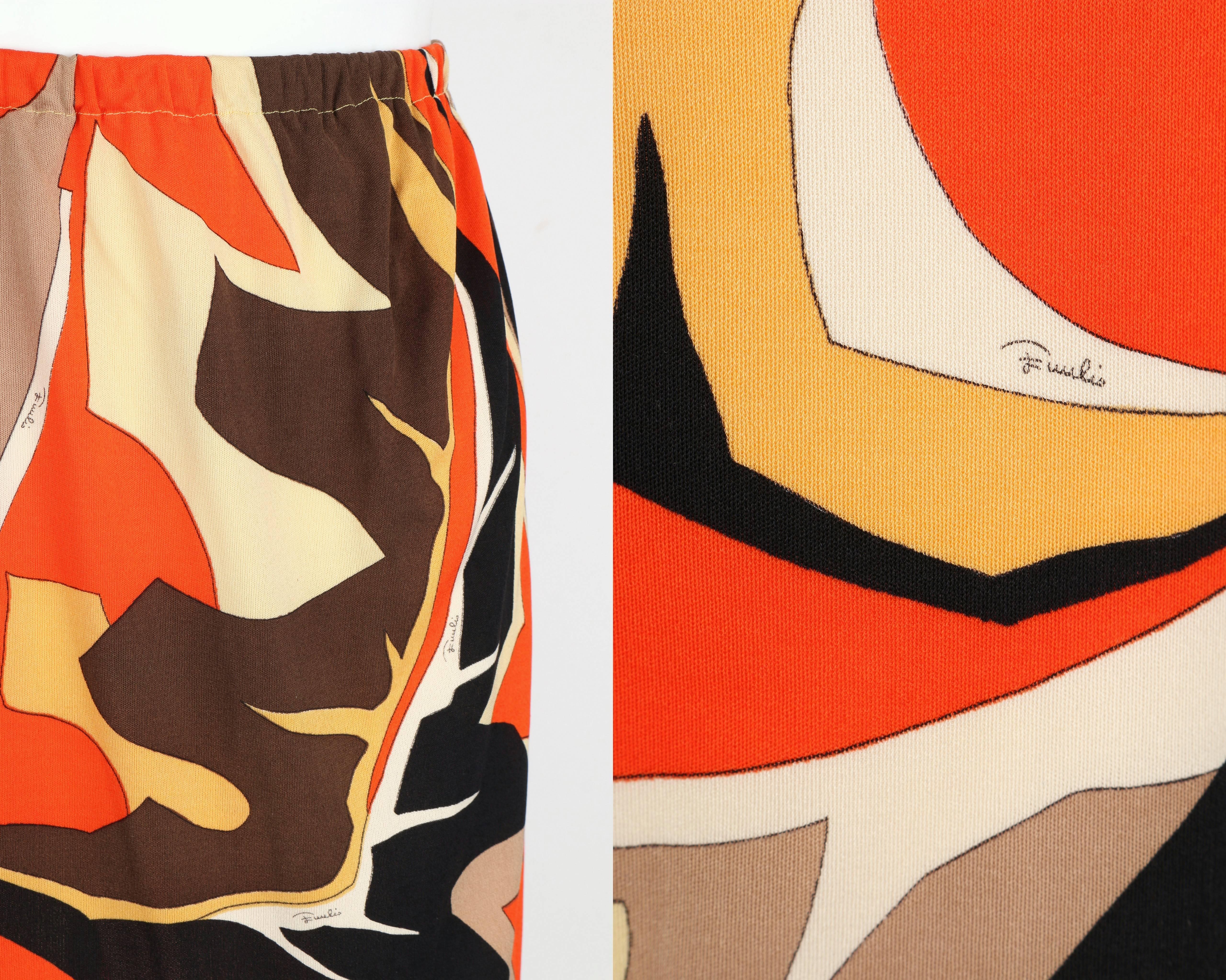 EMILIO PUCCI c.1960's Orange Multicolor African Leaf Print Silk Jersey Skirt 3