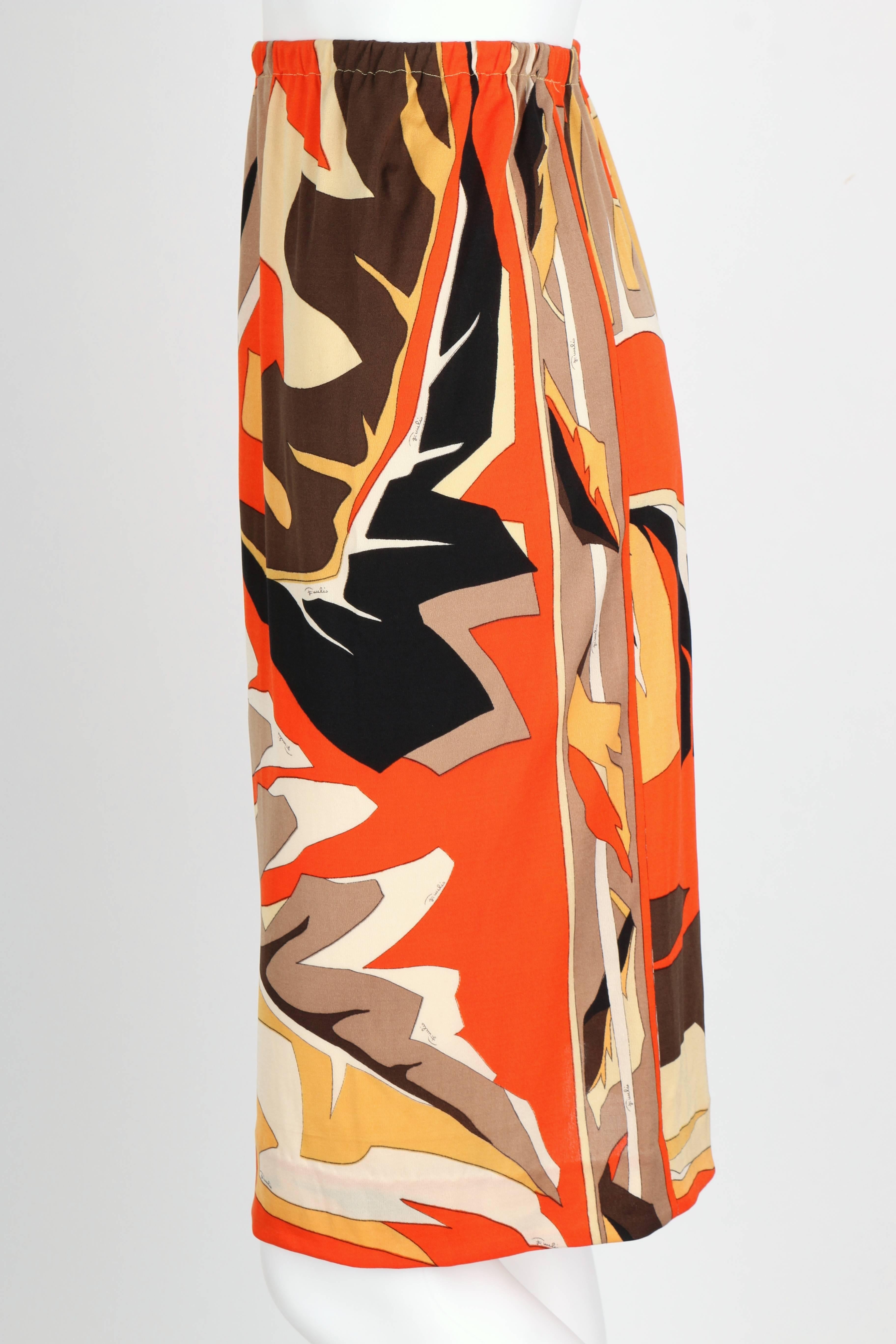 Women's EMILIO PUCCI c.1960's Orange Multicolor African Leaf Print Silk Jersey Skirt