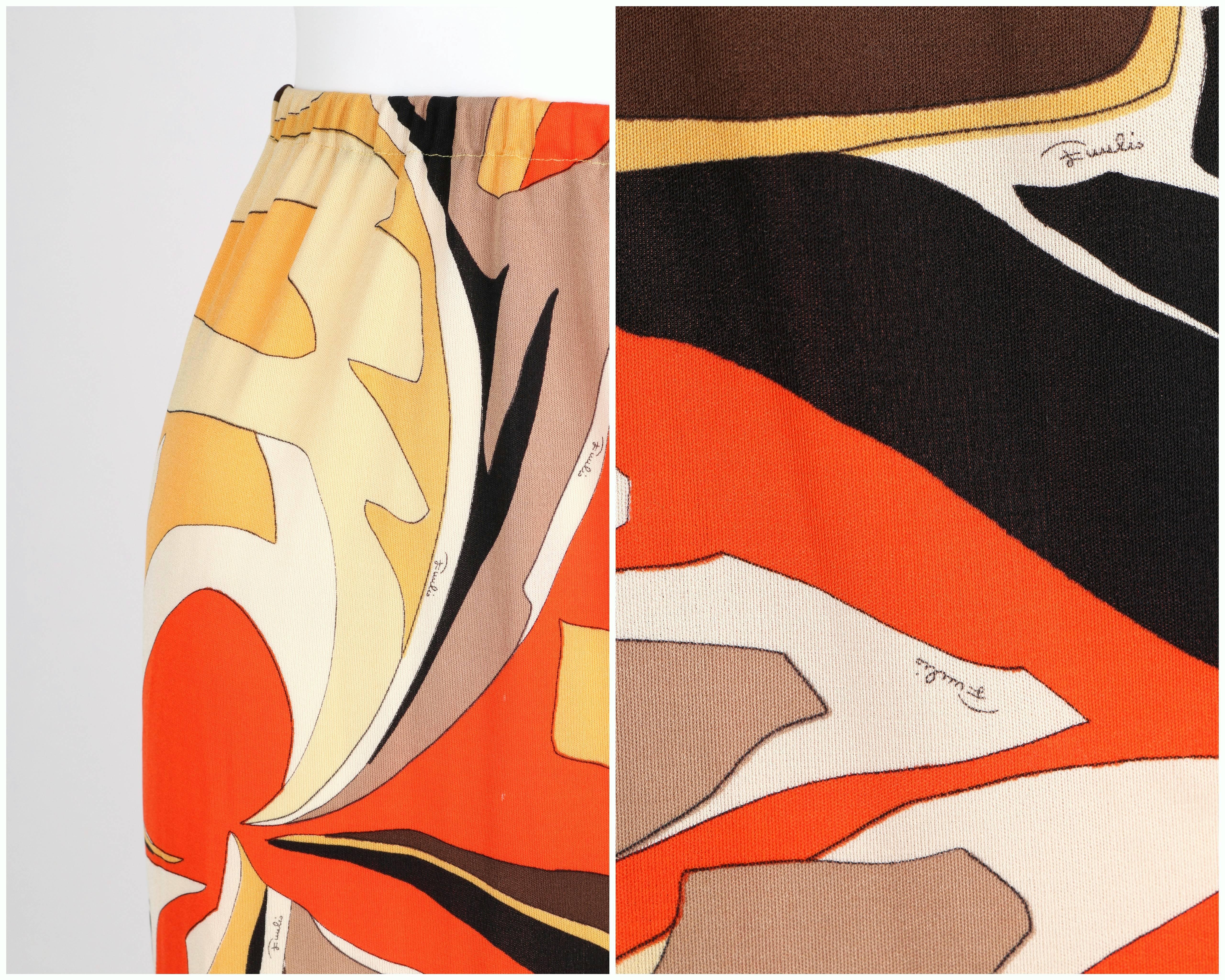 EMILIO PUCCI c.1960's Orange Multicolor African Leaf Print Silk Jersey Skirt 2