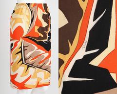 EMILIO PUCCI c.1960's Orange Multicolor African Leaf Print Silk Jersey Skirt