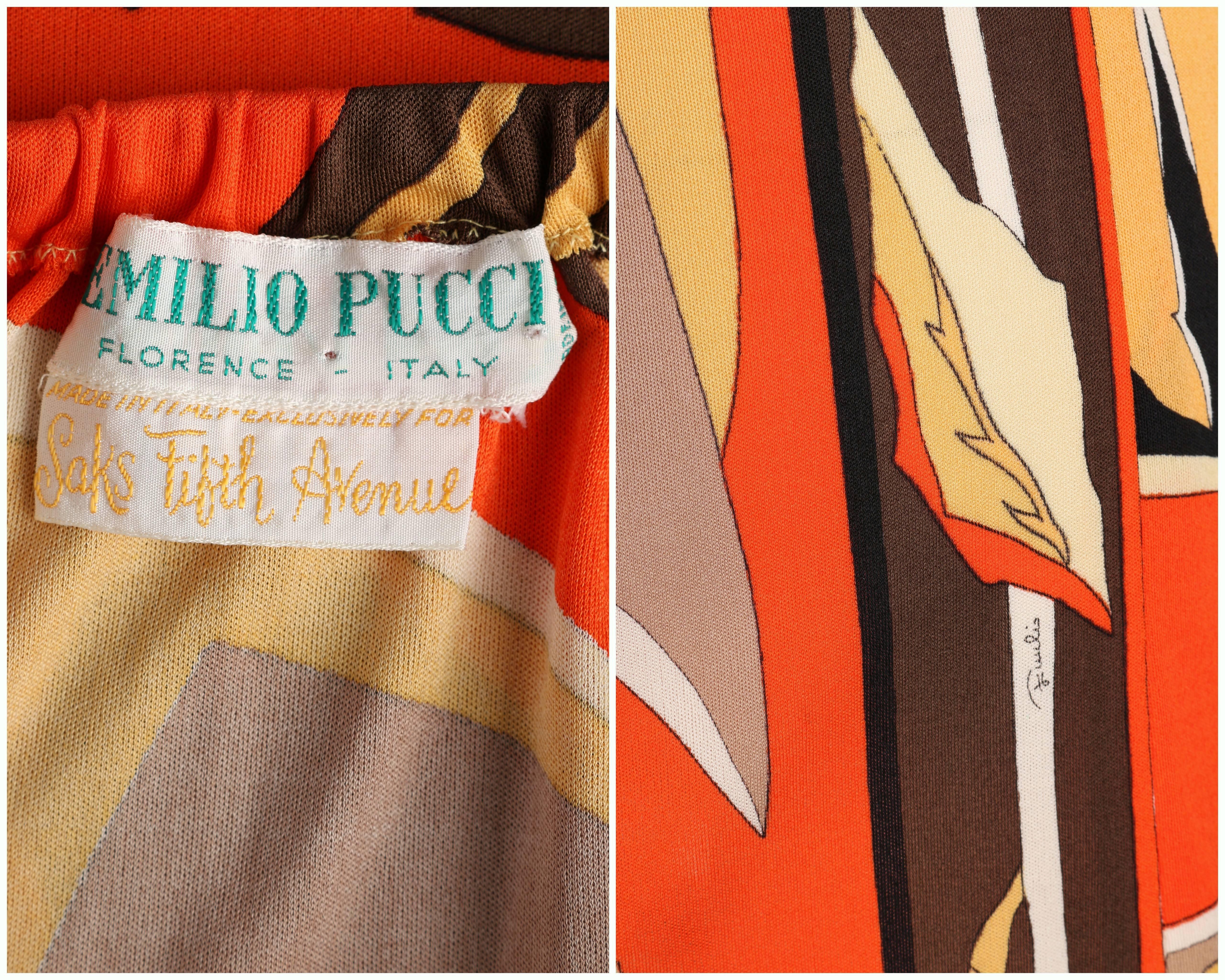 EMILIO PUCCI c.1960's Orange Multicolor African Leaf Print Silk Jersey Skirt 4