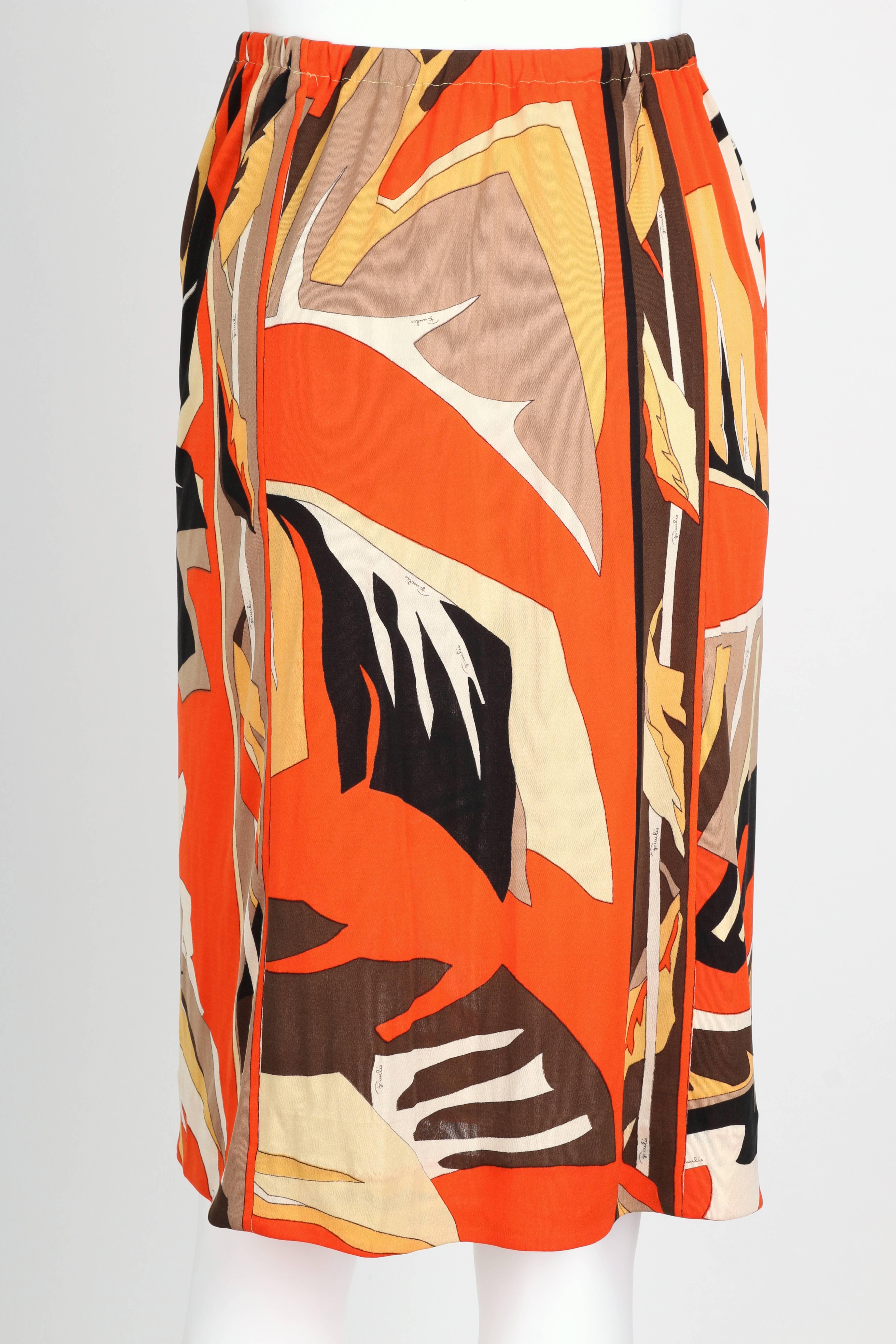 EMILIO PUCCI c.1960's Orange Multicolor African Leaf Print Silk Jersey Skirt In Good Condition In Thiensville, WI