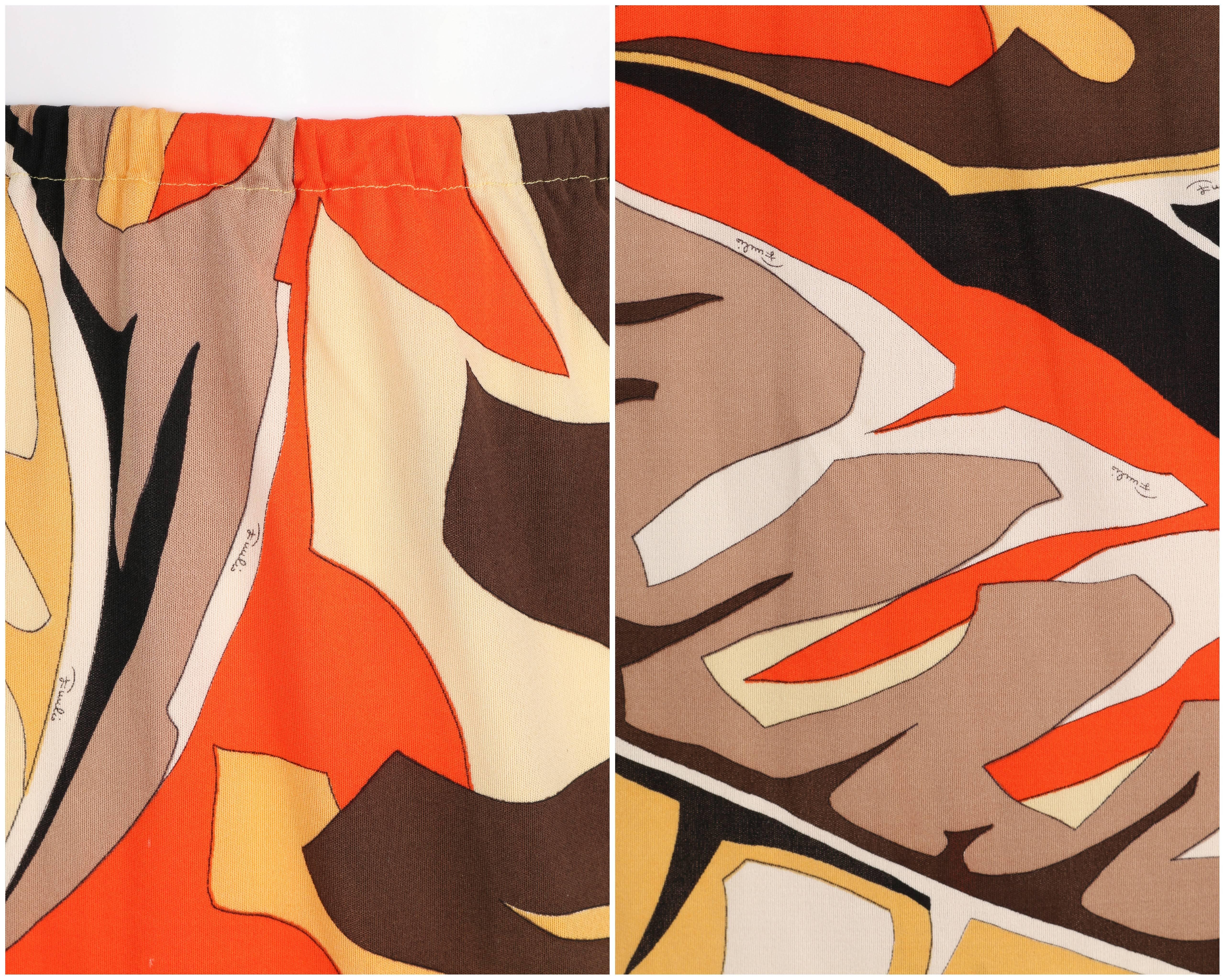 EMILIO PUCCI c.1960's Orange Multicolor African Leaf Print Silk Jersey Skirt 1