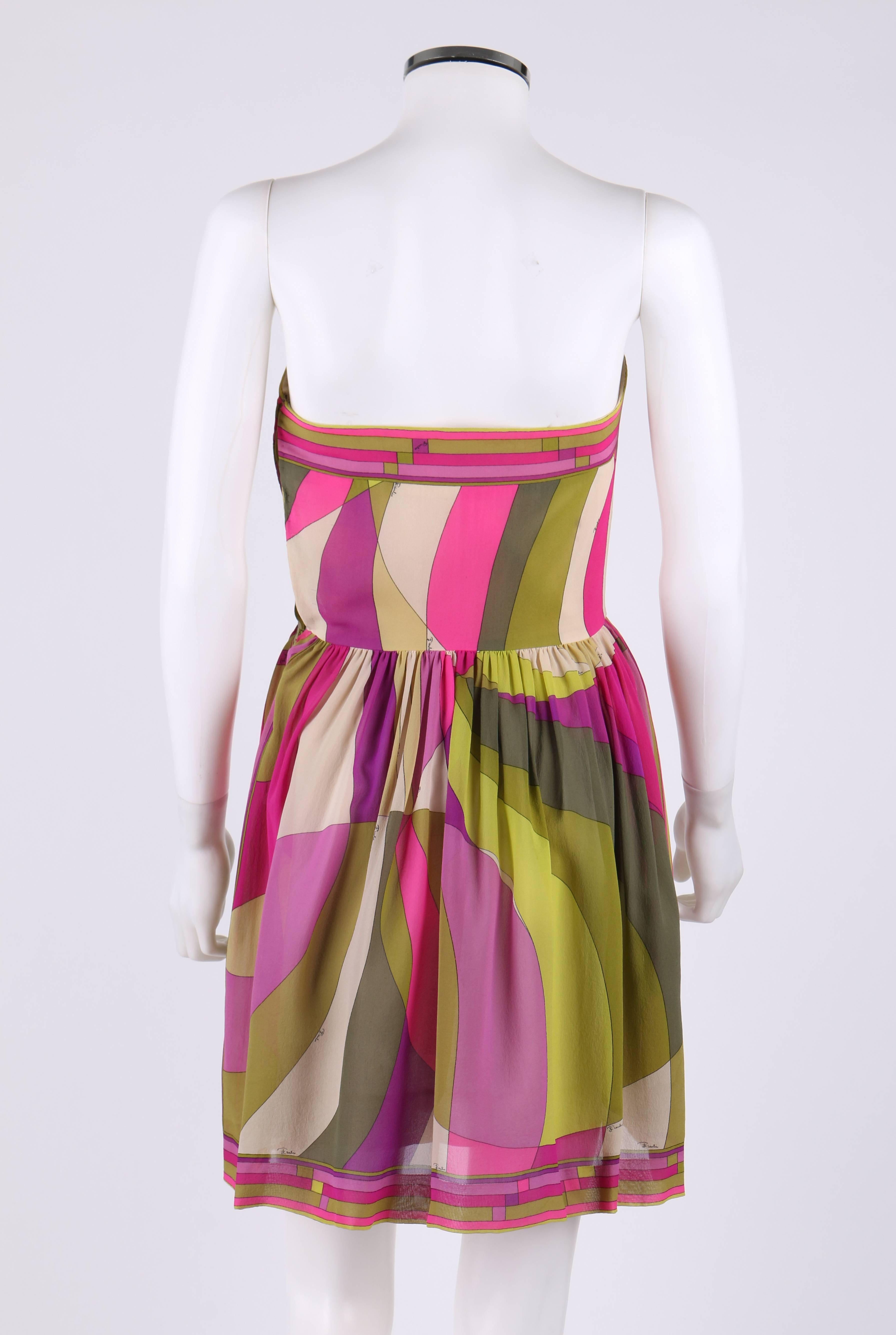 EMILIO PUCCI c.1960's Multicolor Print Boned Strapless Silk Mini Party Dress In Excellent Condition In Thiensville, WI