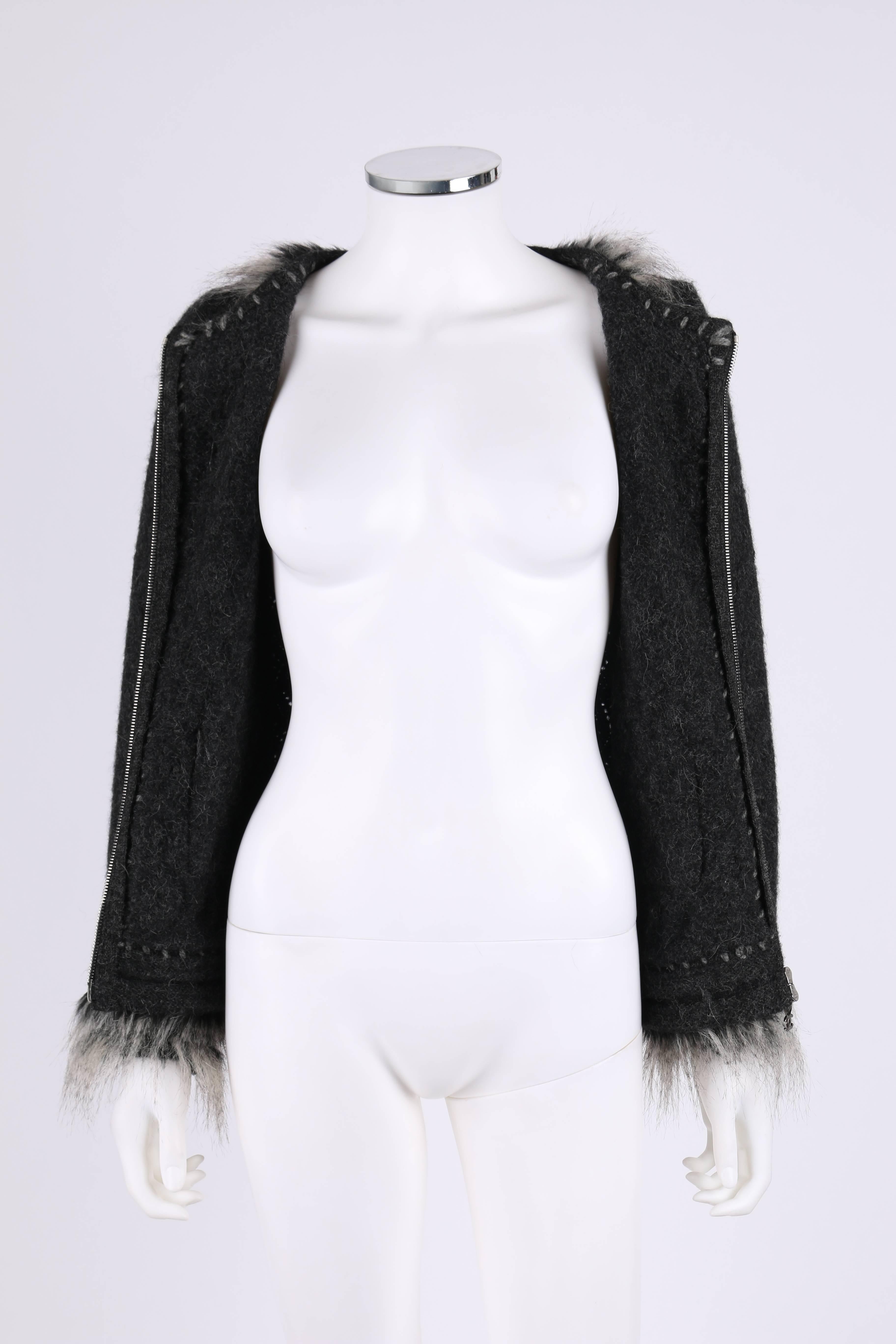 CHANEL Gray Alpaca Cashmere Knit Fringe Fur Zip Front Cardigan Sweater Jacket In Excellent Condition In Thiensville, WI