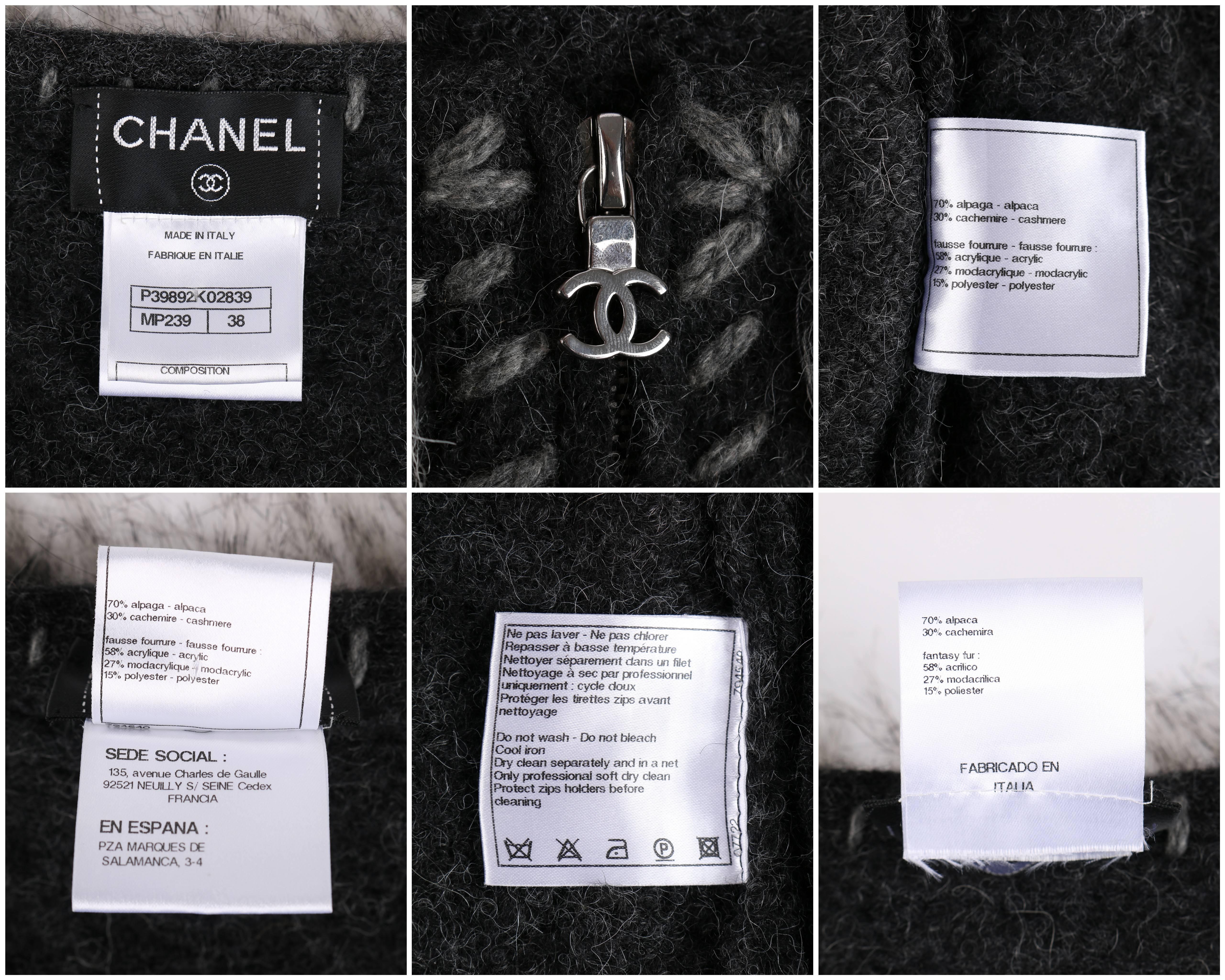 CHANEL Gray Alpaca Cashmere Knit Fringe Fur Zip Front Cardigan Sweater Jacket 3