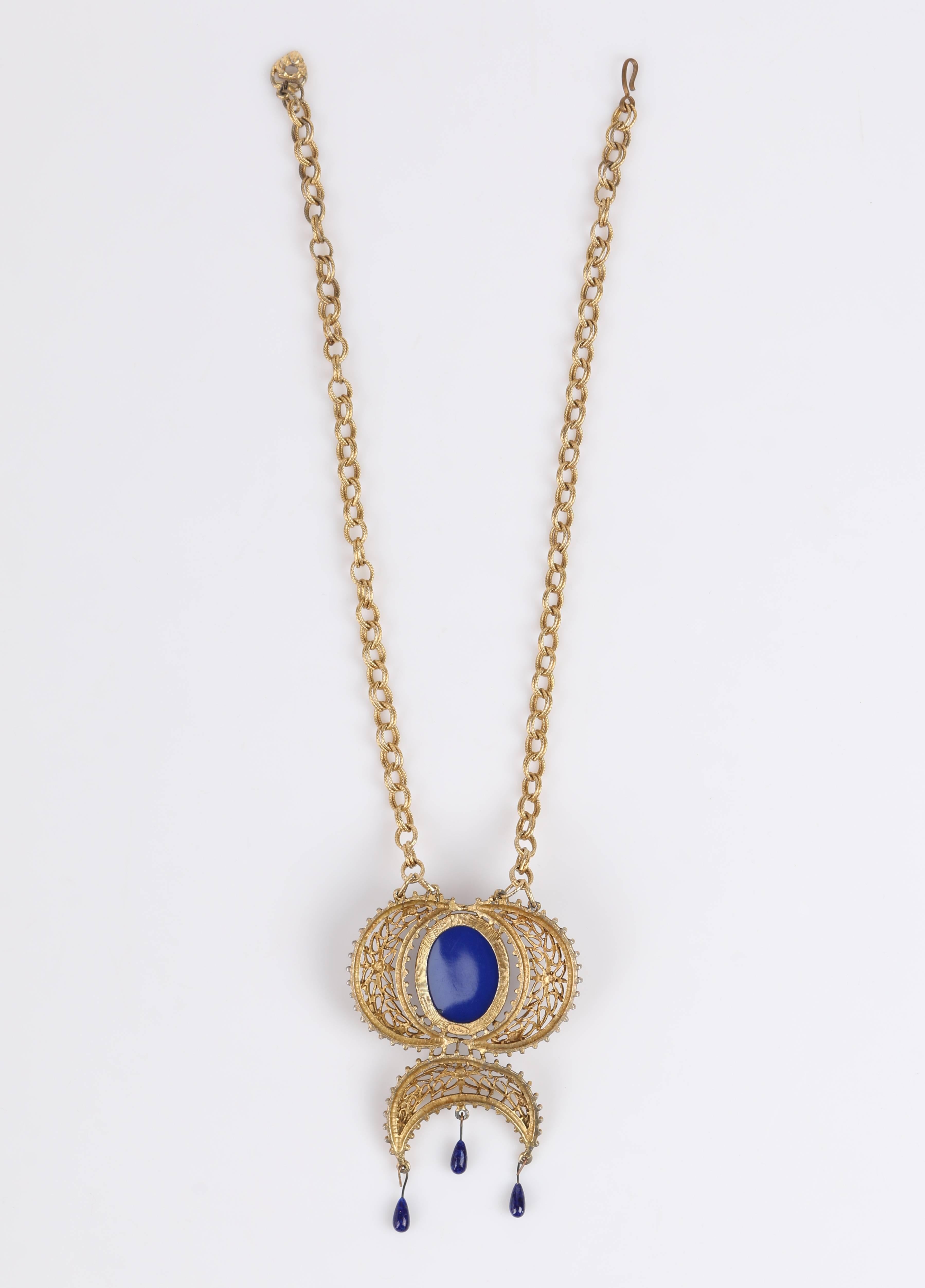 Women's or Men's NAPIER c.1980's Large Blue Cabochon Stone Gold Egyptian Revival Pendant Necklace