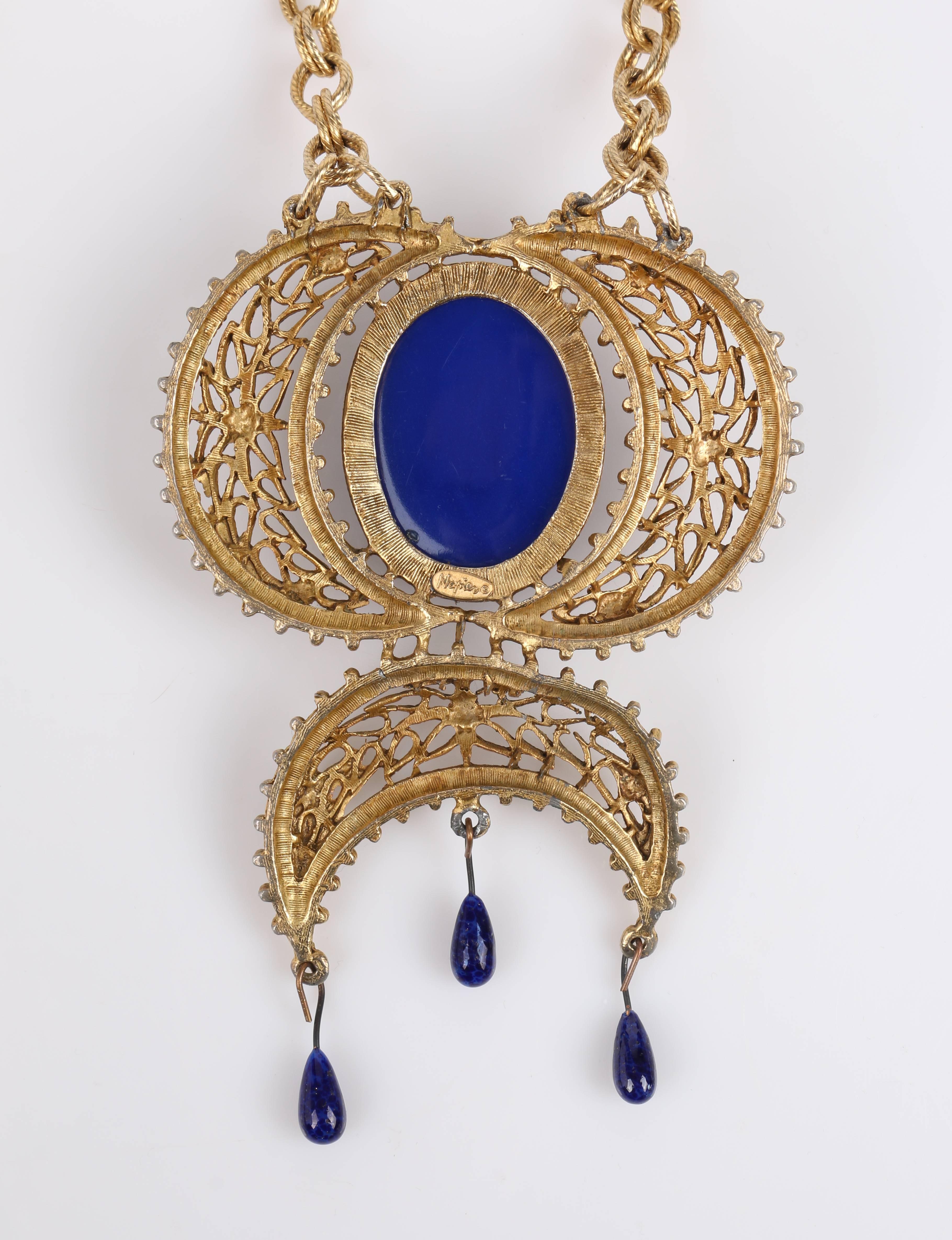 NAPIER c.1980's Large Blue Cabochon Stone Gold Egyptian Revival Pendant Necklace 1