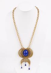 NAPIER c.1980's Large Blue Cabochon Stone Gold Egyptian Revival Pendant Necklace