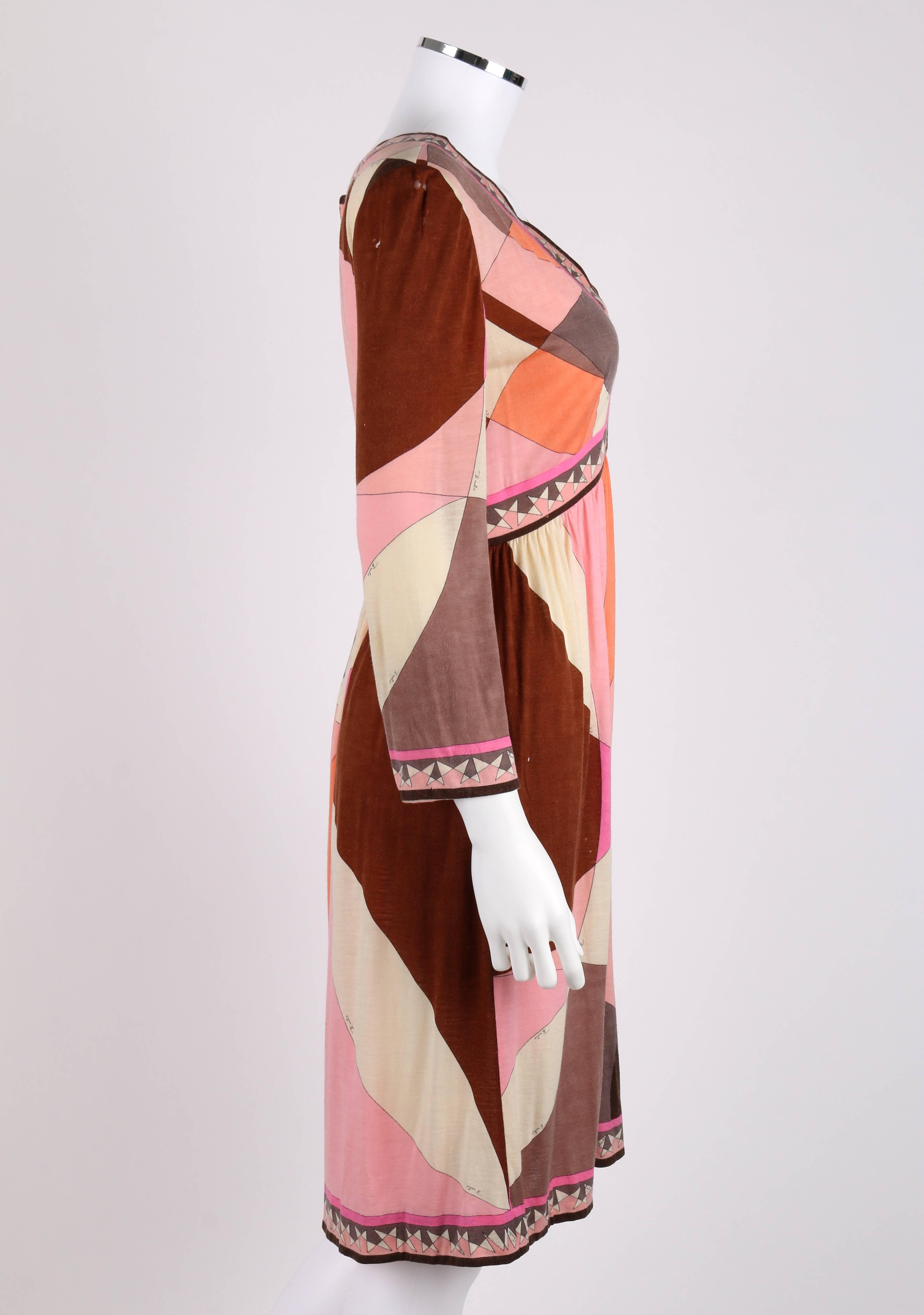 Pink EMILIO PUCCI c.1960's Multicolor Abstract Signature Print Jersey V-Neck Dress