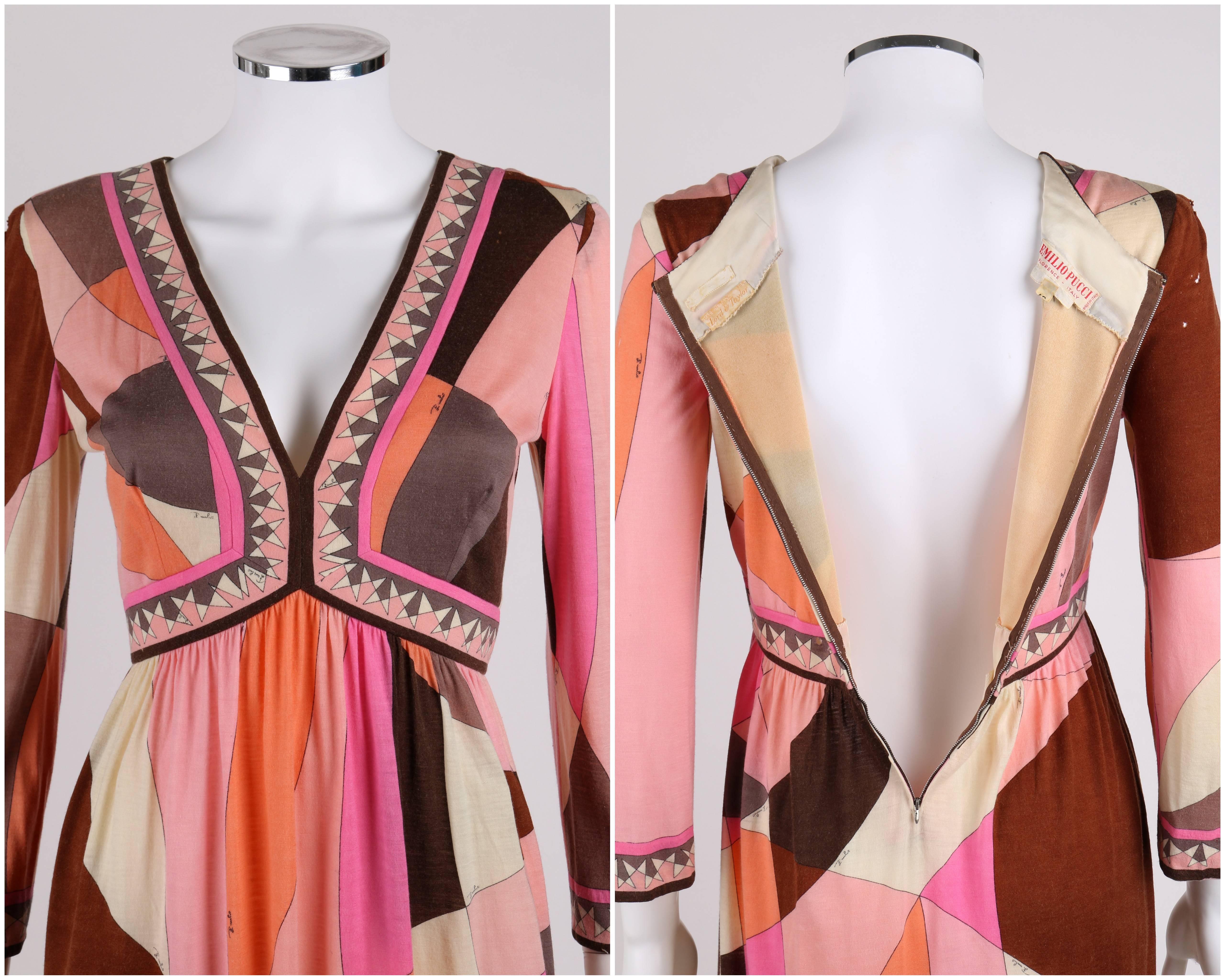 EMILIO PUCCI c.1960's Multicolor Abstract Signature Print Jersey V-Neck Dress 1